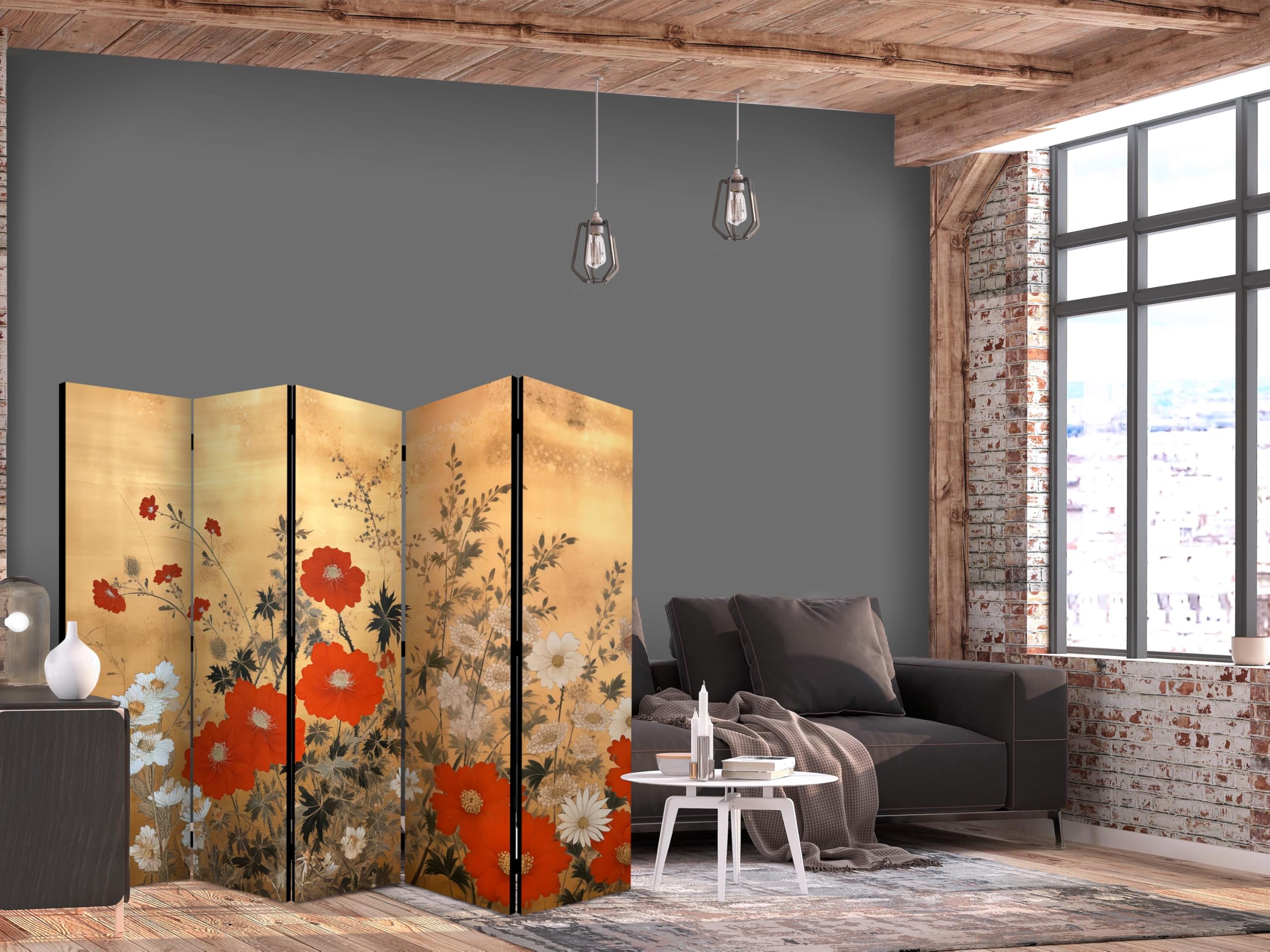 murando - Paravent Décoratif Intérieur à Deux Côtés, Fleurs, 225x172 cm