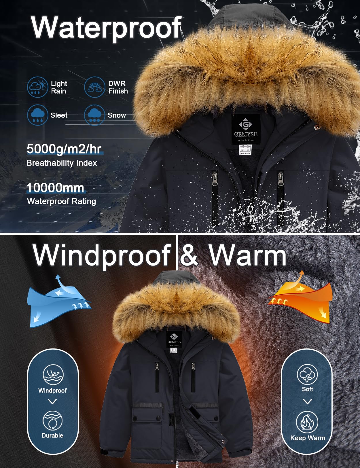 GEMYSE Chaqueta de Esquí para Niño con Capucha de Piel Desmontable Abrigo Impermeablede de Nieve Invierno Cazadora Antiviento