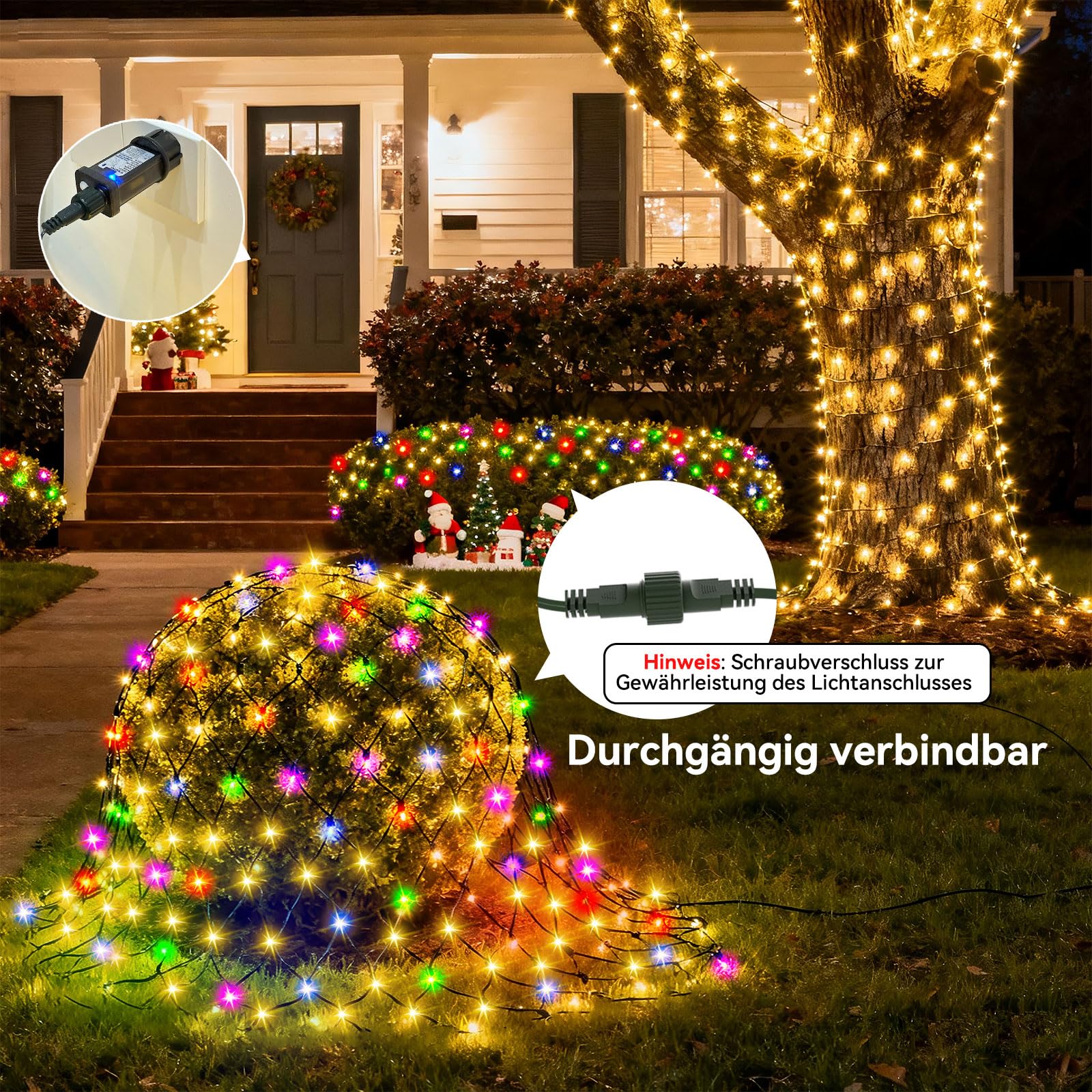 Bunte Lichternetz Außen, 6,5 m x 1,5M 360 Weihnachten Lichterkette Außen Netz mit Stecker,Fernbedienung & Timer 8 Modi,LED Netz Weihnachten für Weihnachtsbeleuchtung Büsche Garten Zimmer Balkon Wand
