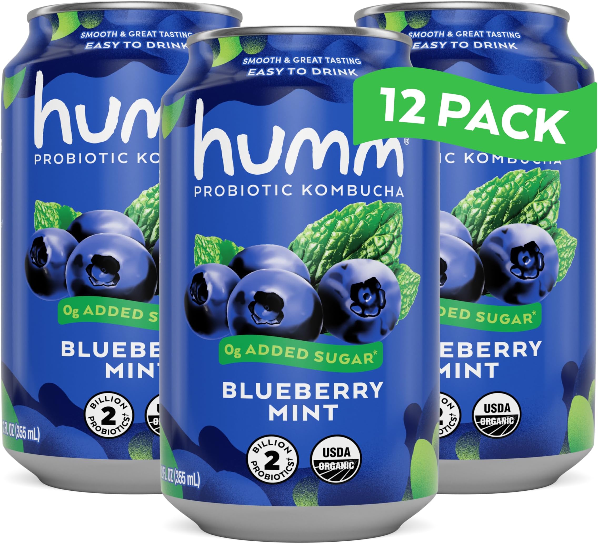 Humm Kombucha Blueberry Mint, Organic, Vegan & GMO Free (12 Pack)