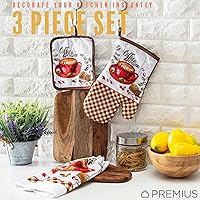 Vista 3 de Juego de ropa de cocina estampada Coffee Time de 3 piezas, 1 toalla de algodón, 1 agarradera, 1 guante de horno con lazo para colgar, material 100%