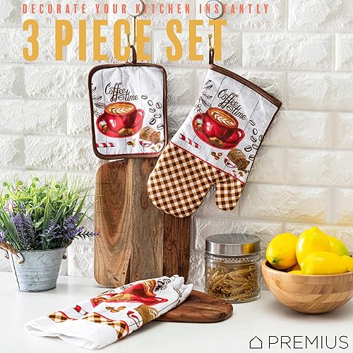 Miniatura 3 de PREMIUS Juego de ropa de cocina estampada Coffee Time de 3 piezas, 1 toalla de algodón, 1 agarradera, 1 guante de horno con lazo para colgar,