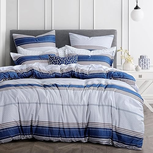 Aisbo Funda de edredón tamaño individual juego de funda de edredón reversible a rayas con cierre de cremallera, juego de cama de 3 piezas, funda de