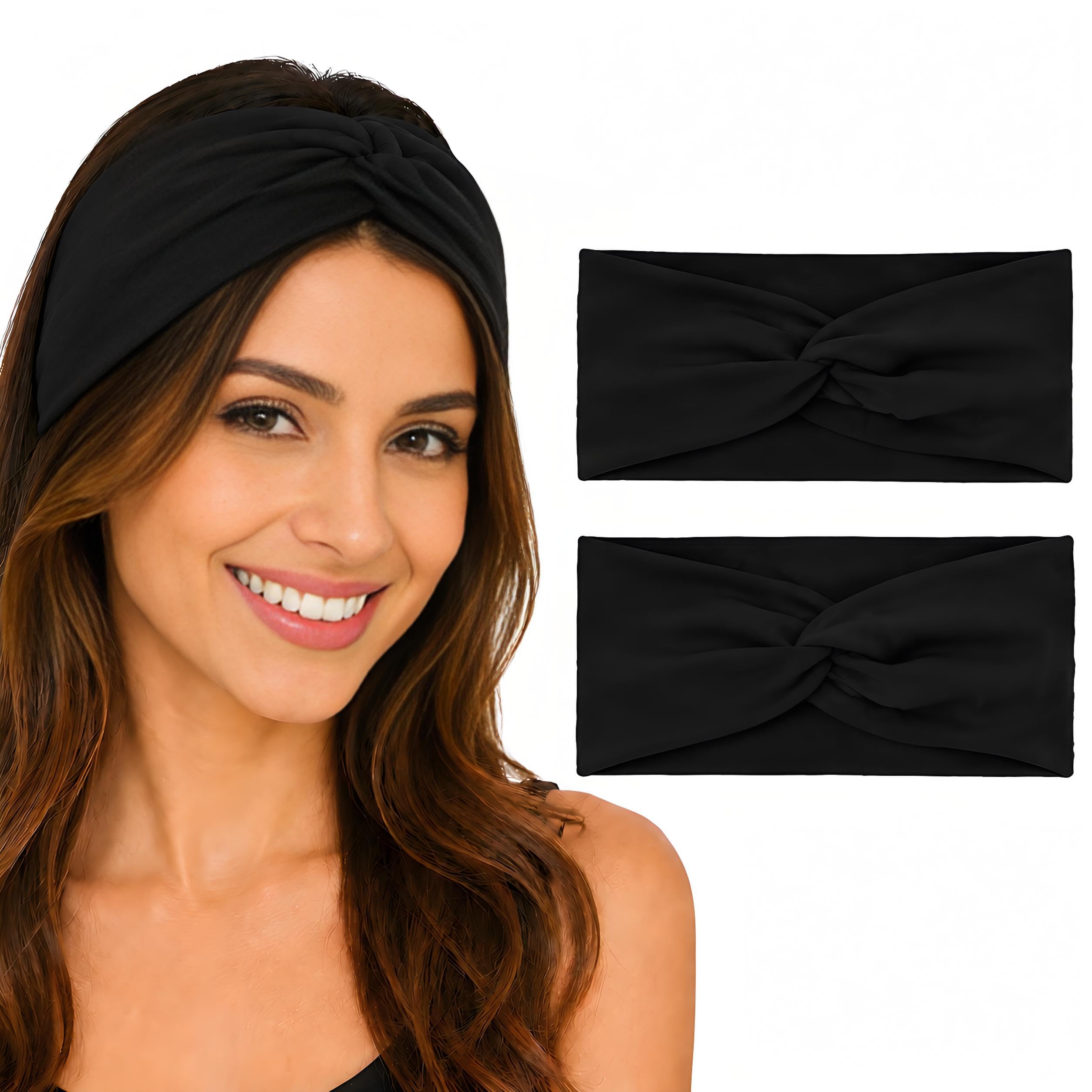 2 Pcs Black Print Headbands for Women, Boho Wide Elastic Soft Non-slip Hair Bands, Yoga Sports Workout Hair Accessories for Daily Use