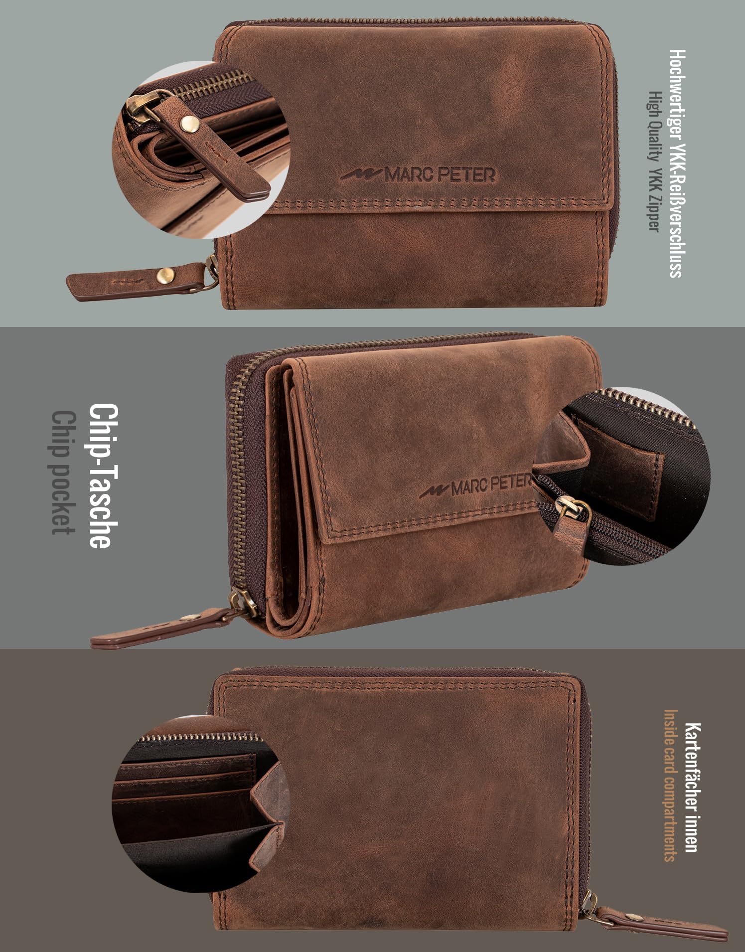 Marc Peter Damen Geldbeutel Leder RFID Geldbörse Vintage Portemonnaie Echtleder Braun
