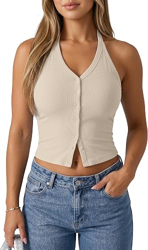 G4Free Y2K Backless Halter Top Ribbed Going Out Slim Fit Cropped Tanks Rib Crop Cami Tank Tops (Light Khaki,M)