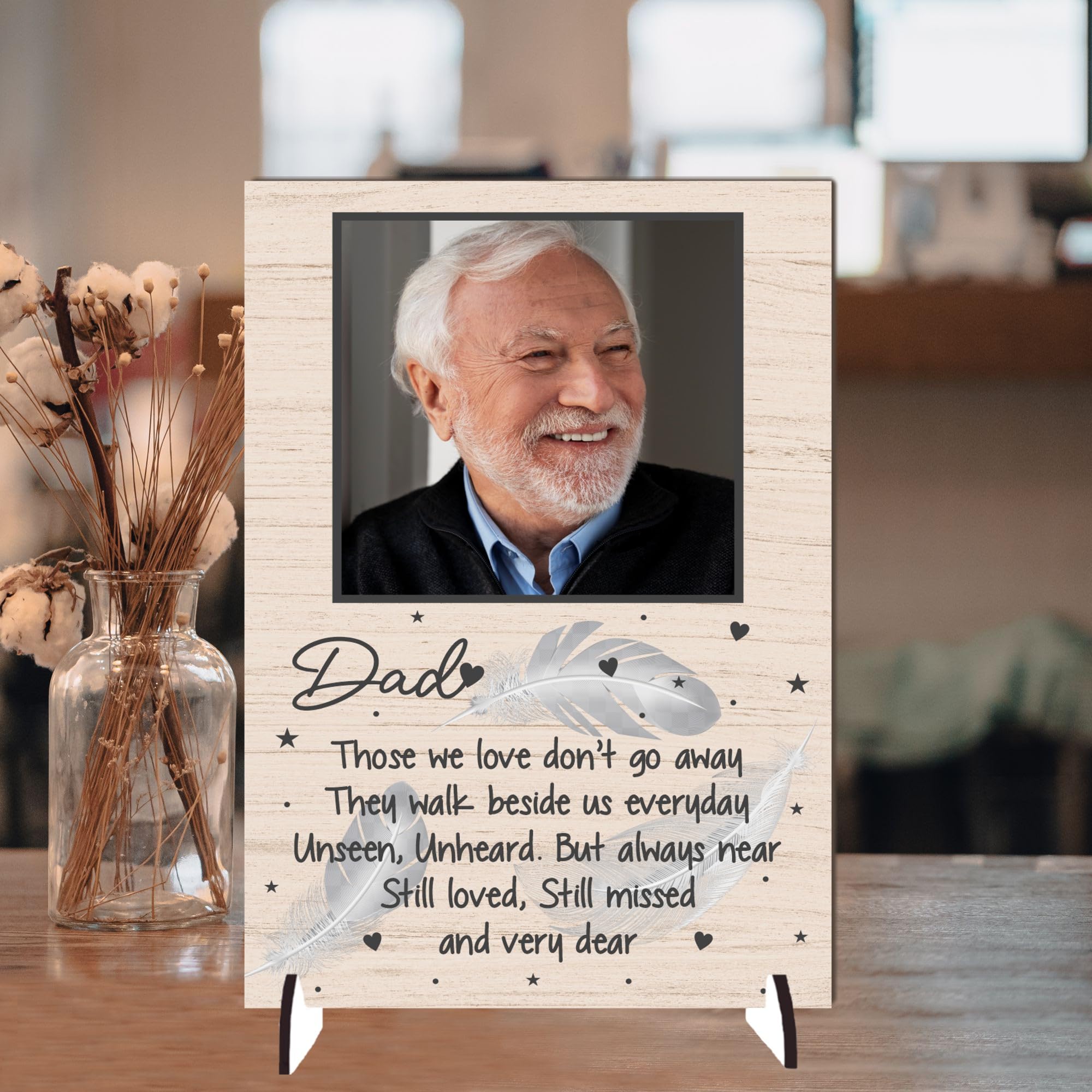 Pixie's Gifts Dad Memorial Photo Plaque - ‘Those We Love Don’t Go Away’ Personalised Tribute | Heartfelt Memorial Keepsake for Loss of Father (Mdf Wood Indoor Use Only, A5 21cm x 15cm)