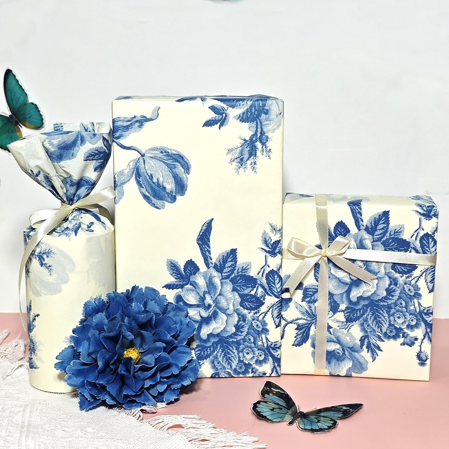 LIAPAWPAW 60 Sheets Peony Tissue Paper, Vintage Floral Gift Tissue Paper for Gift Bags Packaging, Blue and Red Elegant Flower Gift Wrap Paper for Wedding Birthday Party Christmas Holiday,20x14inch