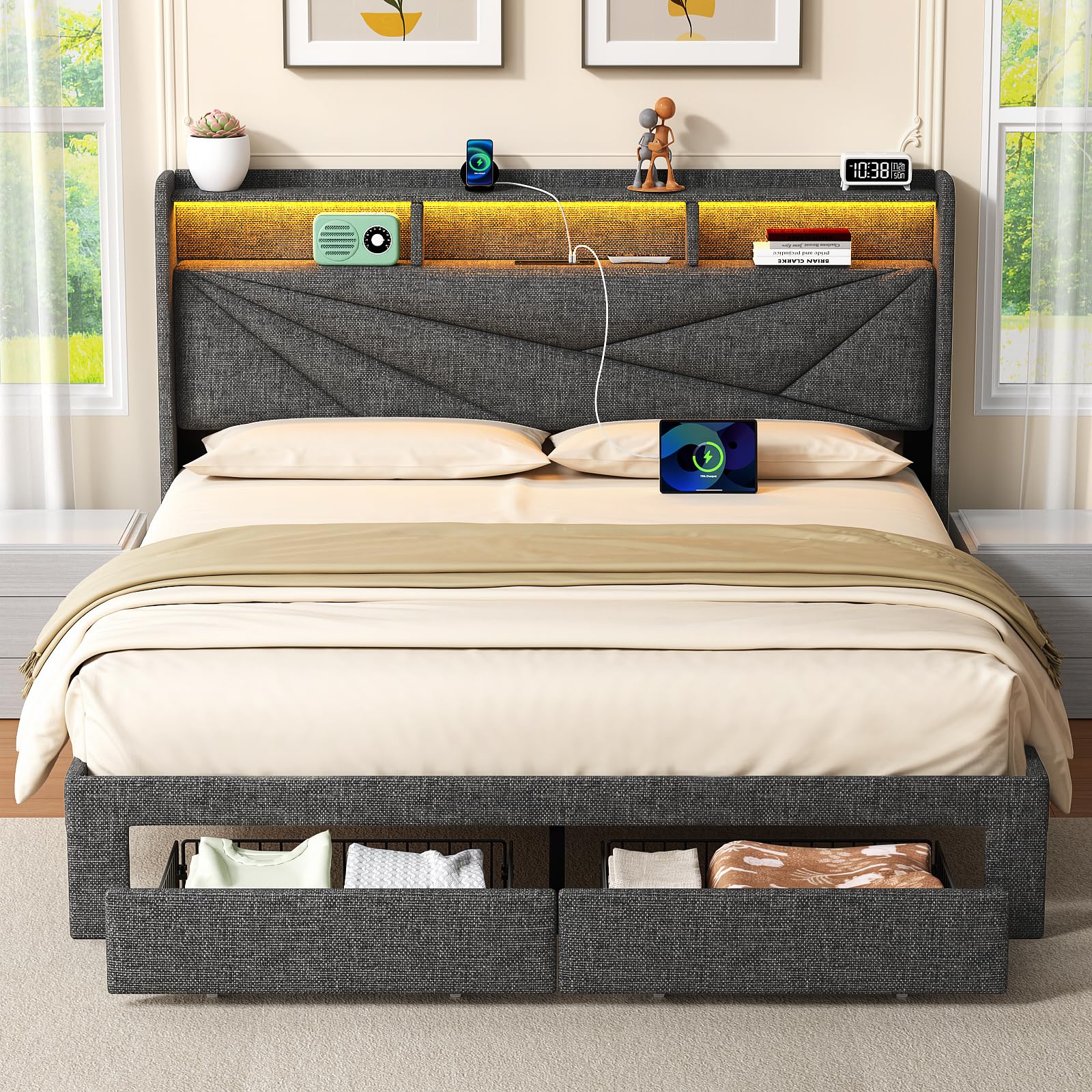 Photo 1 of ***It was not tested because the connector is different from those on the other air conditioners**** Queen Bed Frame with Storage Headboard, Upholstered Queen Size Bed Frame with LED Lights, USB Charging Station & 2 Storage Drawers, No Box Spring Needed,