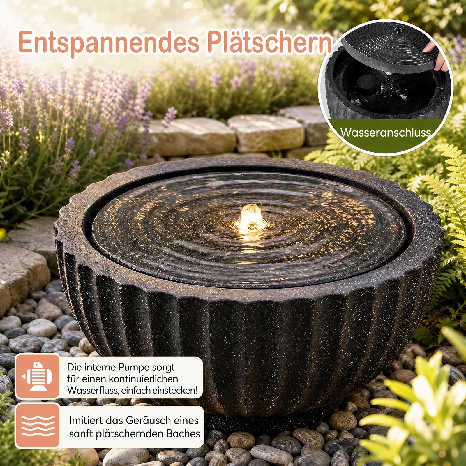 GYMAX Fuente de Jardín Redonda,Fuente Decorativa | Fuente de Agua con Iluminación LED, Bomba Ajustable y Resina Resistente para Salón, Patio y Terraza, 45 x 23,5 cm