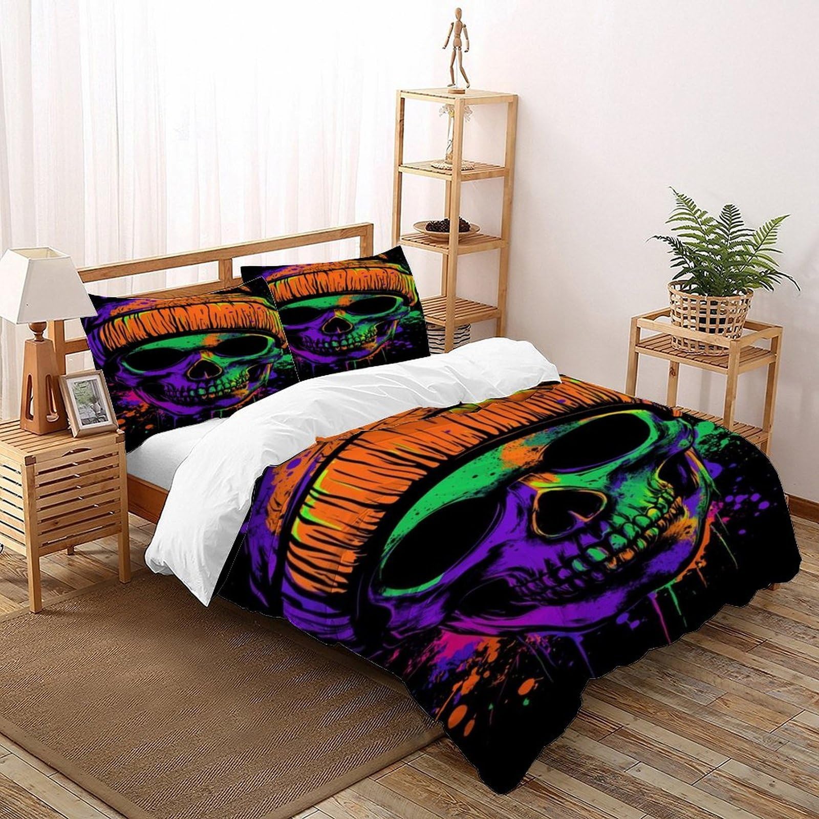 Housse de couette crâne gothique 3 pièces en microfibres de lit avec taies d'oreiller Super King