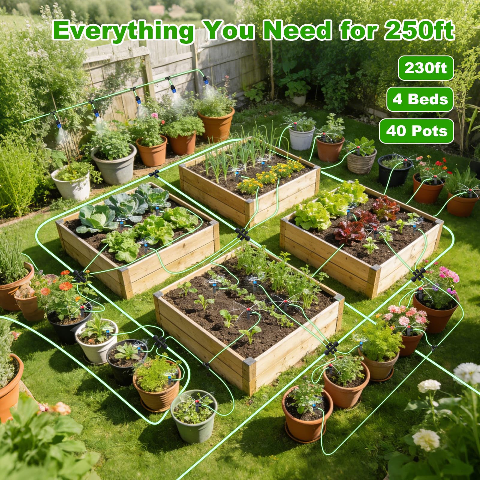 Kit di irrigazione a goccia da 236 m, sistema automatico di irrigazione da giardino per serre, cortile, prato, piante con tubo da 5/16" e tubo di distribuzione da 1/4" e accessori