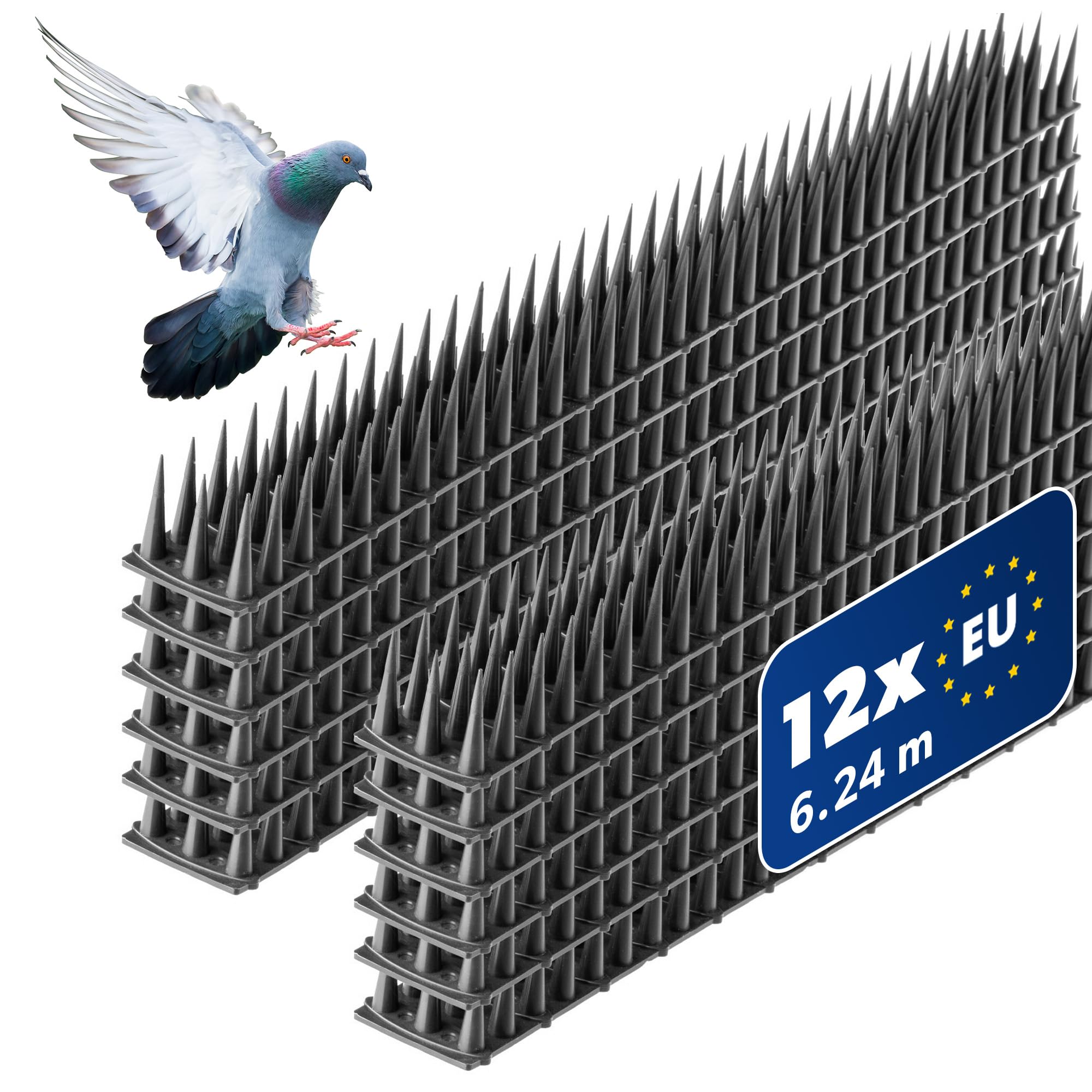 KADAX 12er Set Vogelabwehr Spikes, Kunststoff, 51x4x3,5 cm, 3-reihig, für Tauben, Katzen, Marder, Zaun, Balkon, Dach, Fensterbank, robust und wetterbeständig, frei zuschneidbar, Anthrazit