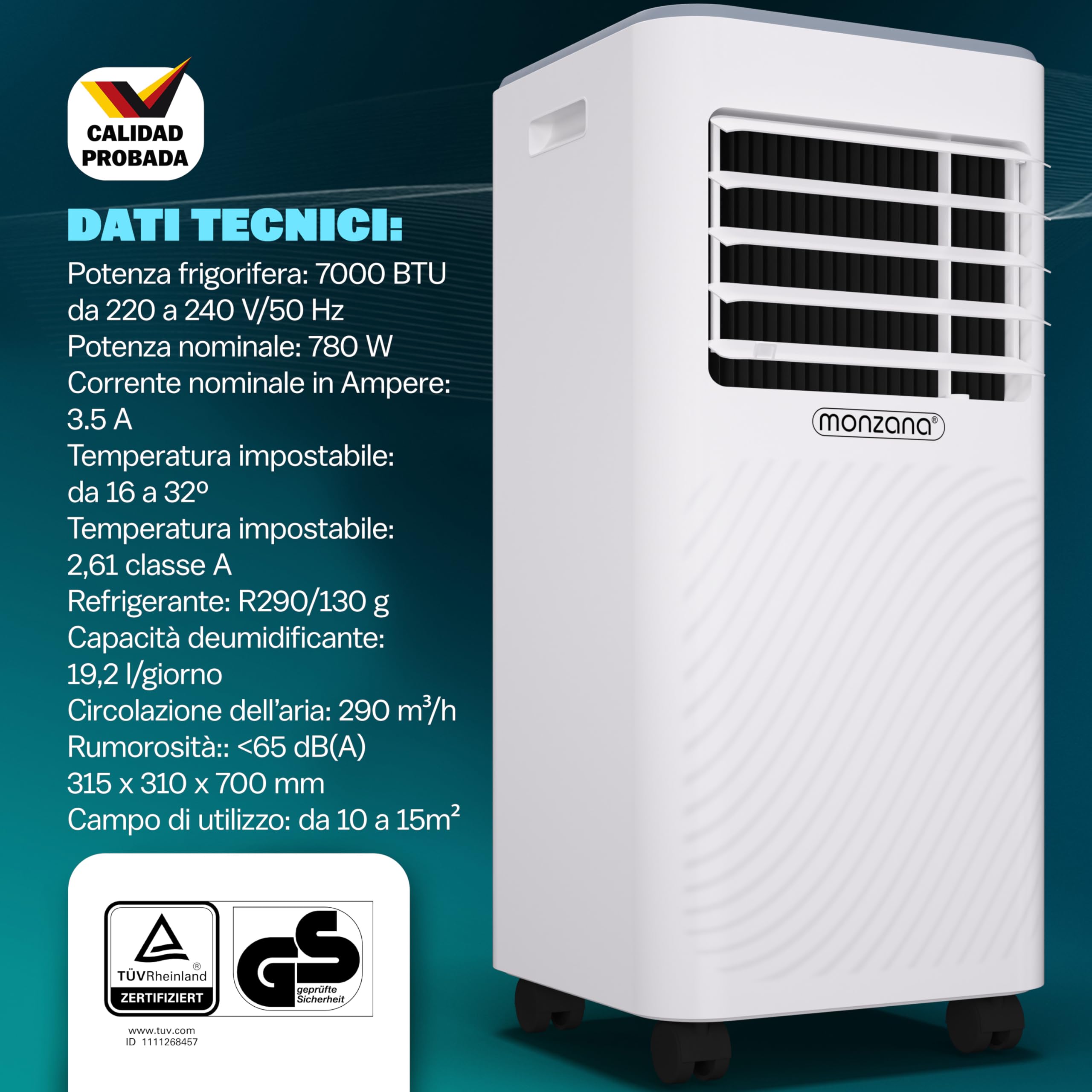 MONZANA® Condizionatore d'Aria Mobile 7000BTU 3in1 750W Timer Telecomando Deumidificatore Climatizzatore Raffreddatore