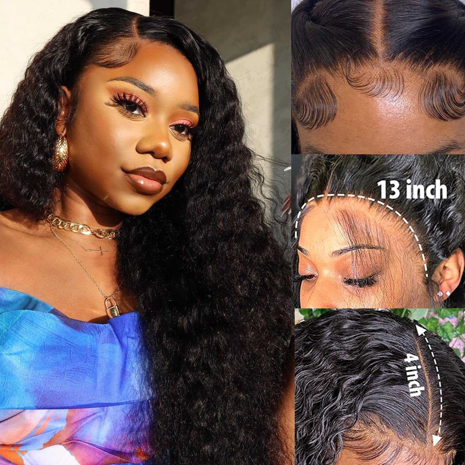 Deep Wave Lace Front Wigs Human Hair 13x4 HD Transparent Lace Frontal Wigs for Black Women Brazilian Deep Wave Human Hair Wigs Pre Plucked Hairline 150% Density Natural Color 18inch