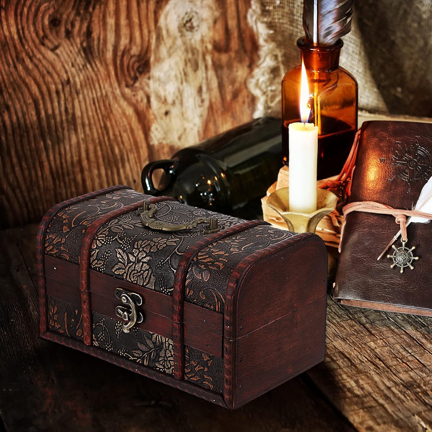ELLDOO Vintage Treasure Chest Box, Pirate Keepsakes Box for Kids Gifts, Wooden Treasure Storage Box Decorative Box for Jewelry Pearl Trinkets, Medium - Image 8
