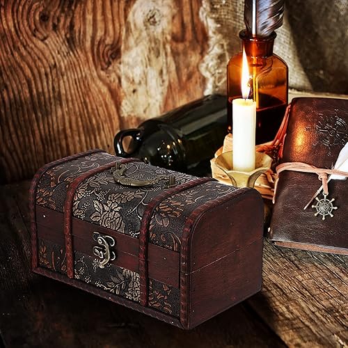 Miniatura 8 de ELLDOO Caja de cofre del tesoro vintage, caja de recuerdos pirata para regalos de niños, caja de almacenamiento de tesoros de madera, caja