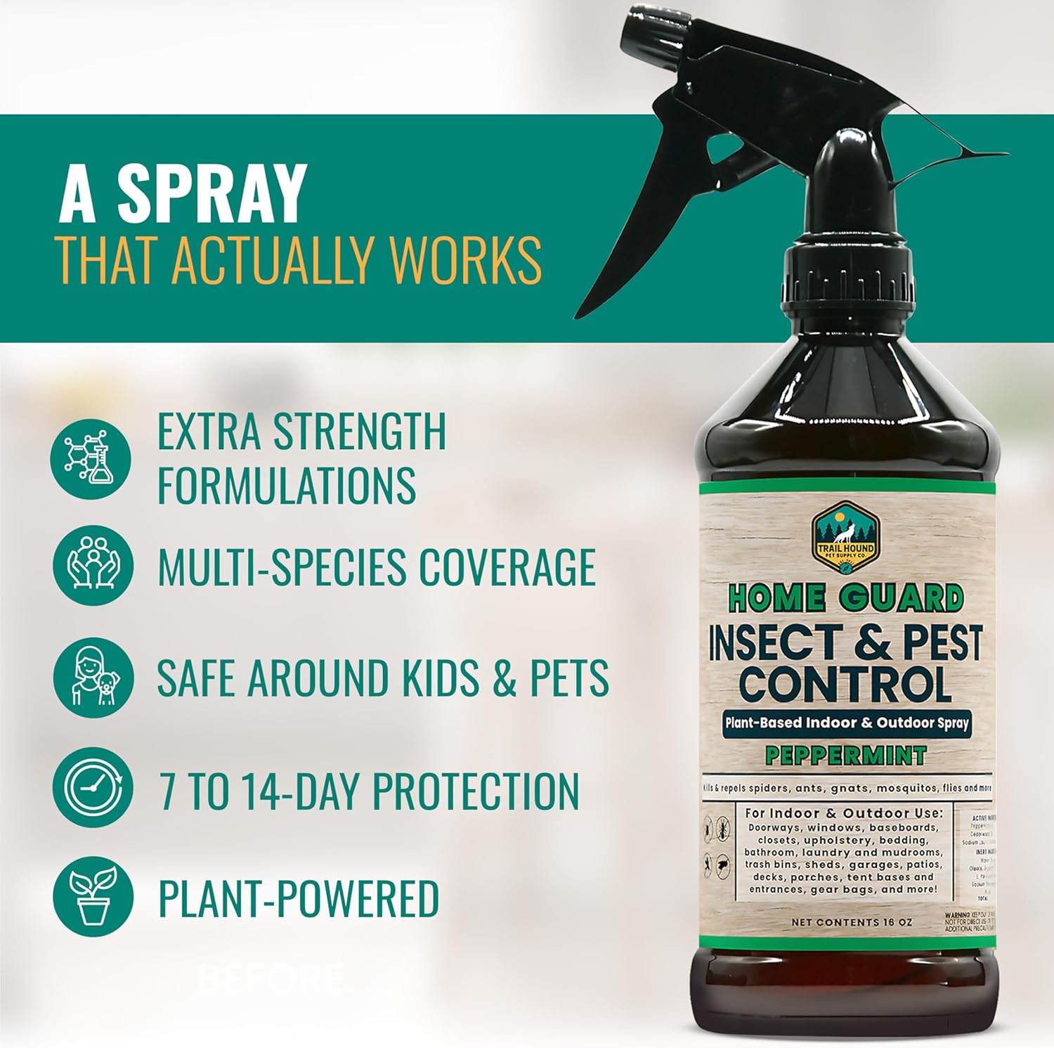 Home Guard Peppermint Insect & Pest Control Spray – Peppermint & Cedarwood Oil Deodorizer with Extended Protection – USA-Made, Safe for Kids & Pets – Kills & Repels Bugs – Indoor & Outdoor Use - 16oz - Image 2