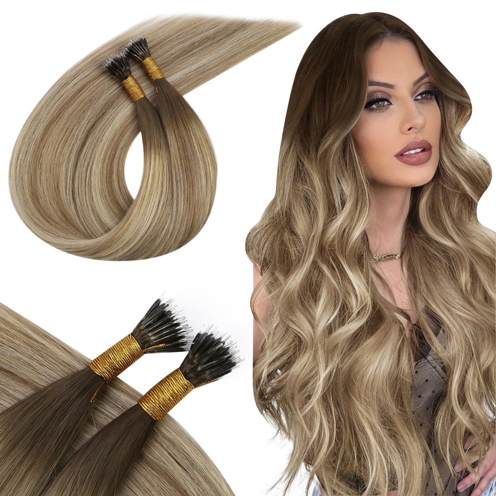 Ugeat Balayage Nano Hair Extensions Human Hair Ombre Dark Brown to Light Brown Mix Medium Blonde Nano Bead Hair Extensions No Damage for Women 22inch