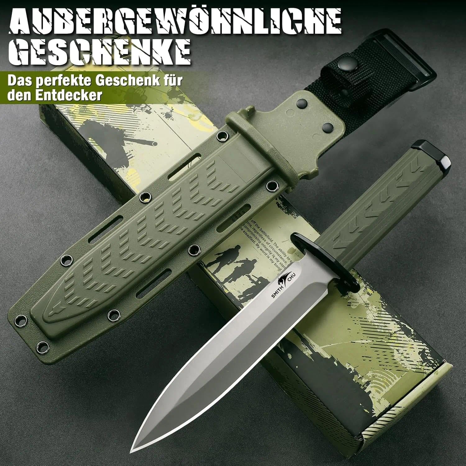 SMITH CHU Outdoor Messer Feststehend, Survival Messer für Trekking Camping, Kydex Scheide mit Schleifstein, Ergonomischer Griff, Grün Bushcraft Ausrüstung, Geschenke für Männer