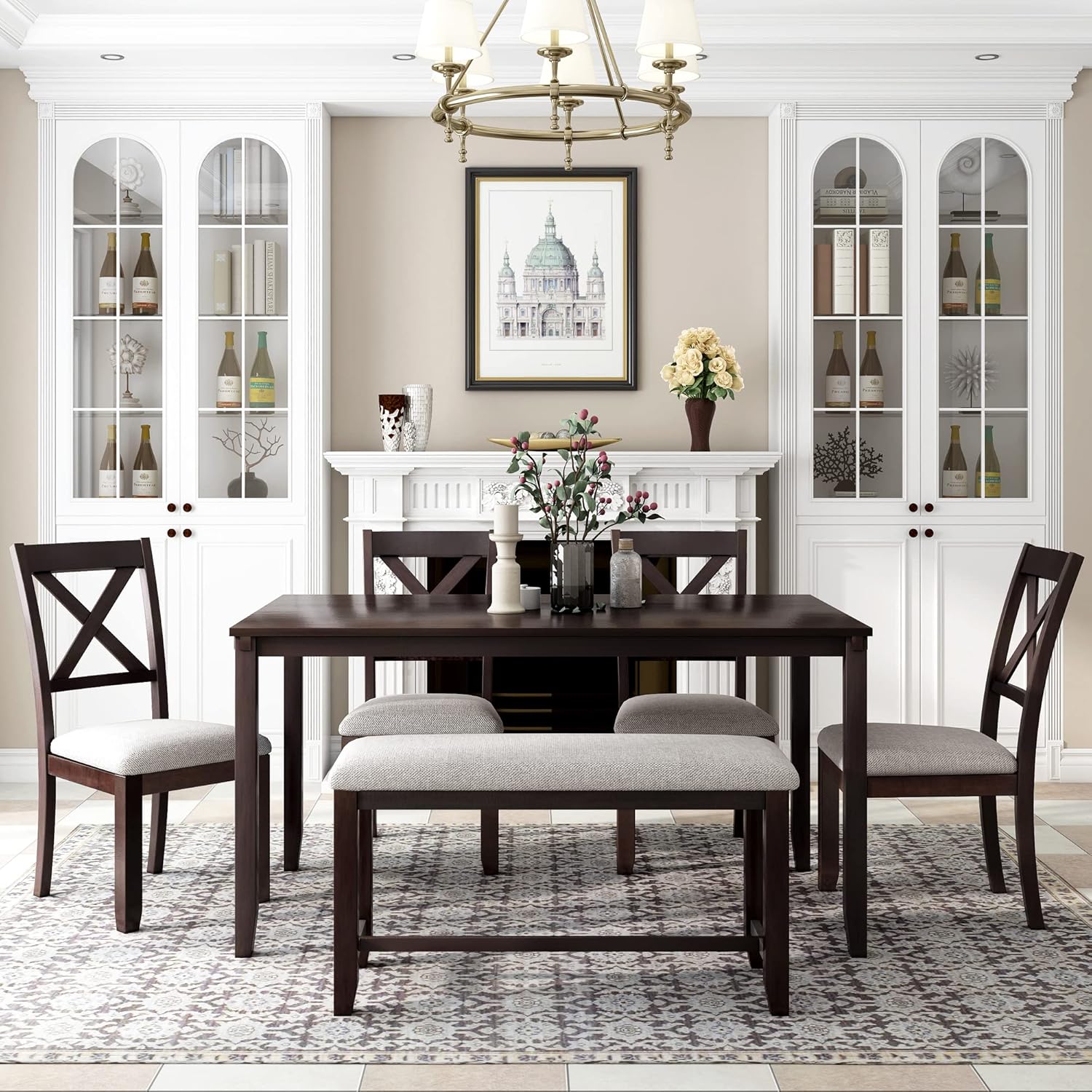 Farmhouse Dining Table 6Piece, Wooden Dining Rectangular