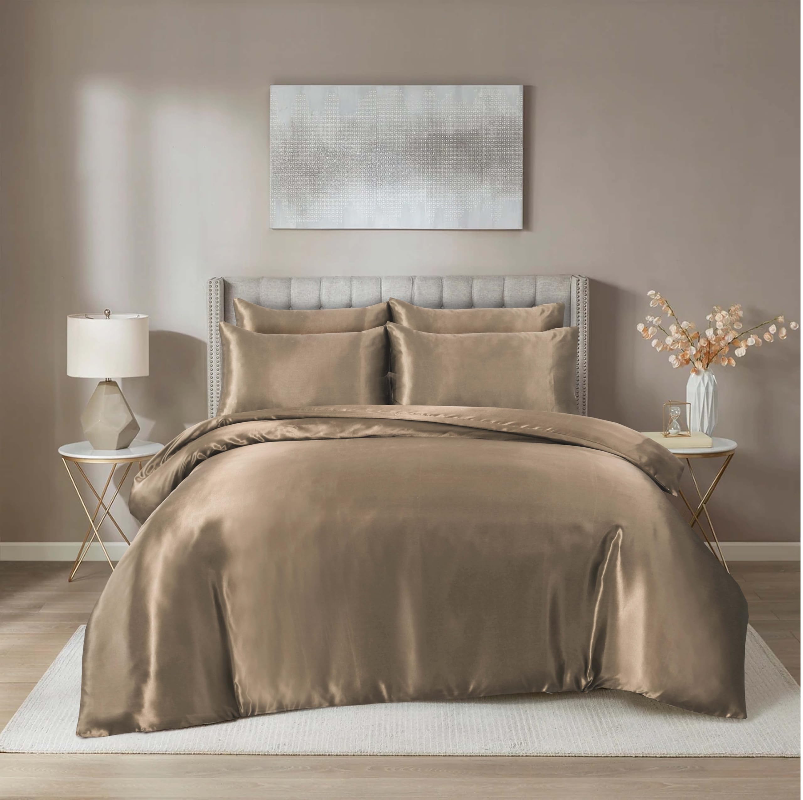 Hadi London Satin Silk 6 Piece Complete Bedding Set with Silky Deep Fitted Sheet Reversible Duvet Cover Comforter & 4 Pillowcases for Single Double King Super King Size Bed (Mink, Super King)