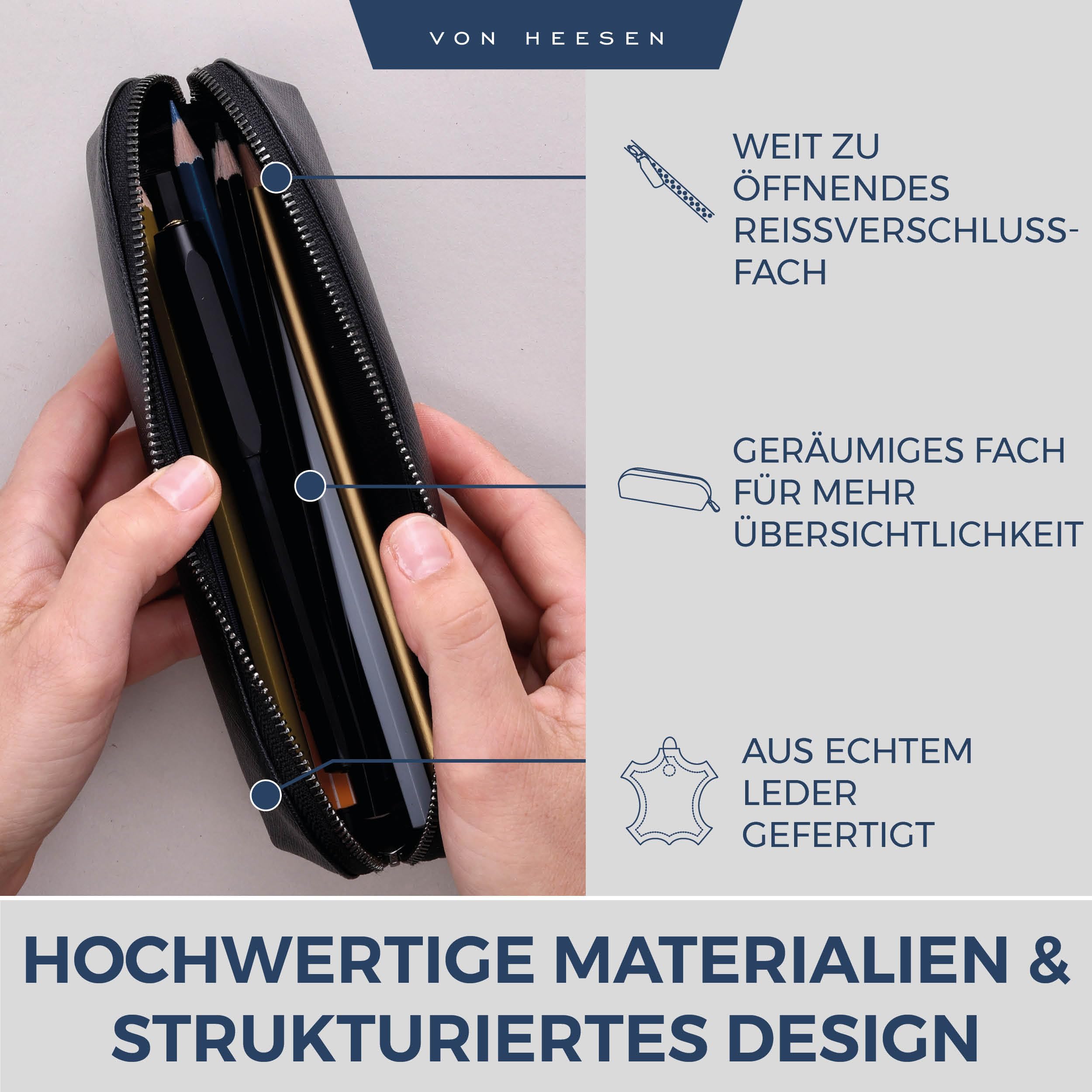 VON HEESEN® Echtleder Federmäppchen Leder Federmappe Etui für Stifte Mäppchen Schule Federtasche Uni Schlampermäppchen (Saffiano)