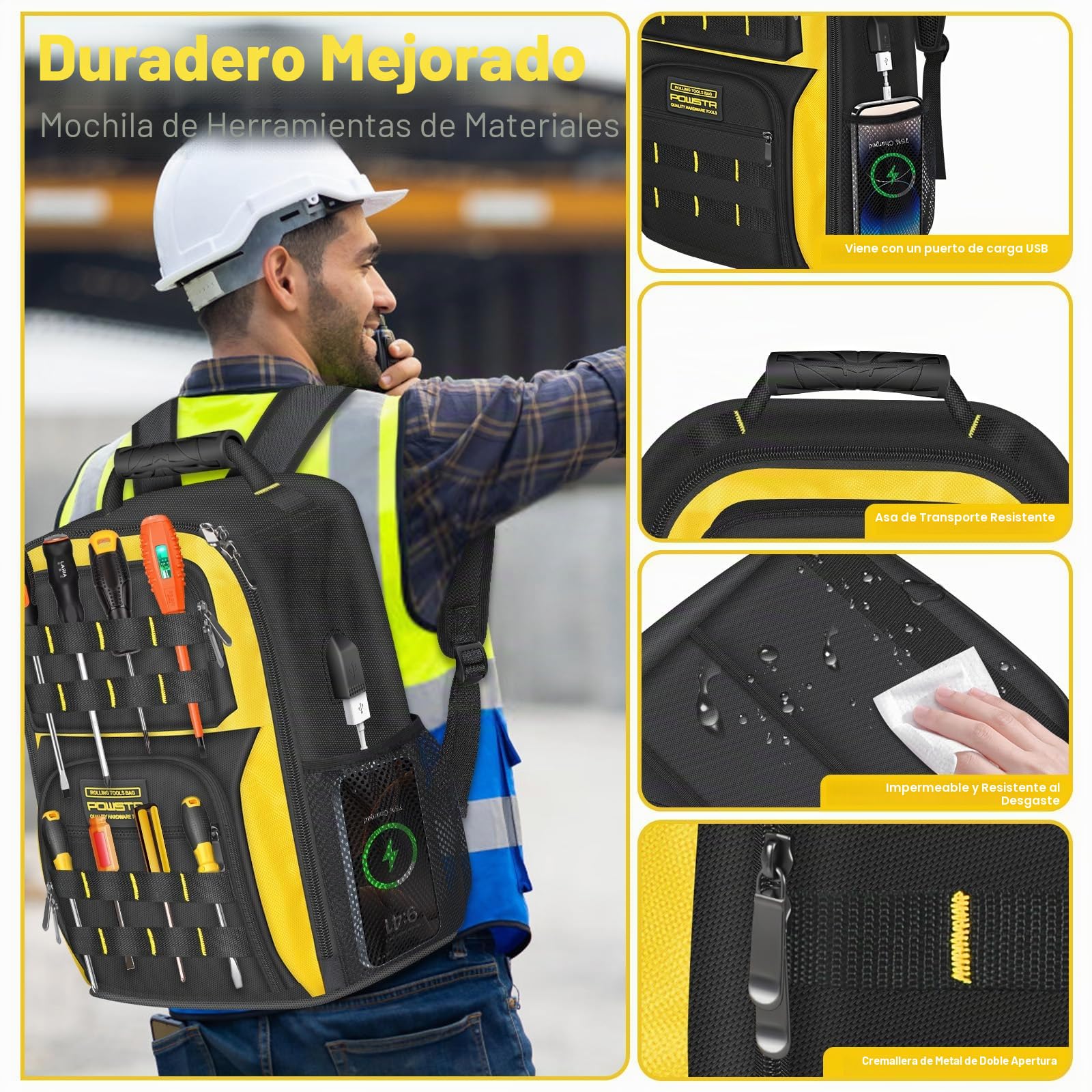 18"Mochila Para Herramientas con Puerto USB, Mochila para Herramientas Impermeable Para Hombres con 23Bolsillos,Correas Ajustables Para Los Hombros,Para Electricistas y Técnicos de Reparación