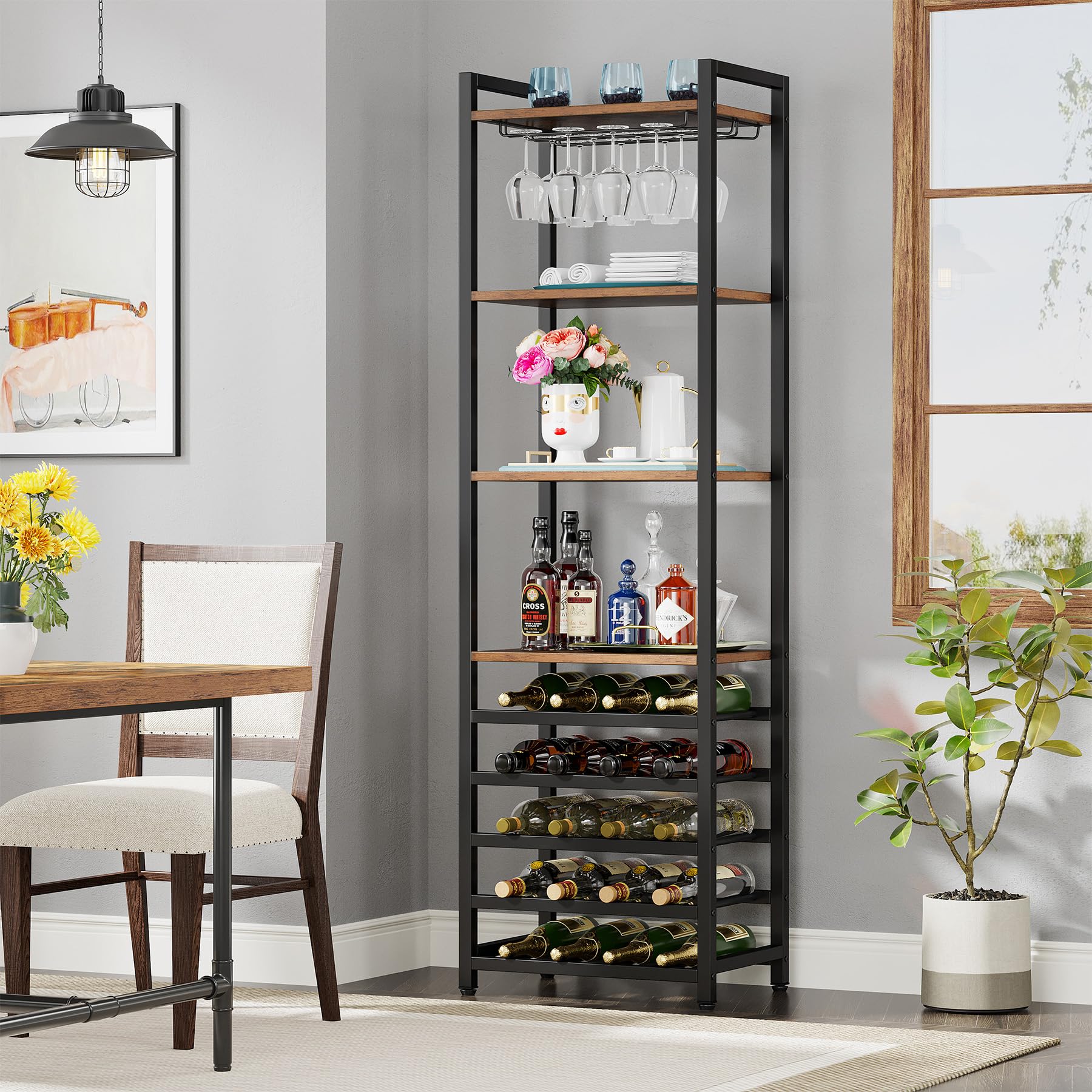 Tribesigns Botellero Vino con Soporte para 20 Botellas, Organizador de Almacenamiento de Vino con Soporte de Copas de Vino, Soporte para Botellero de Madera para Salón, Cocina,35 x 45 x 180cm (Marrón)