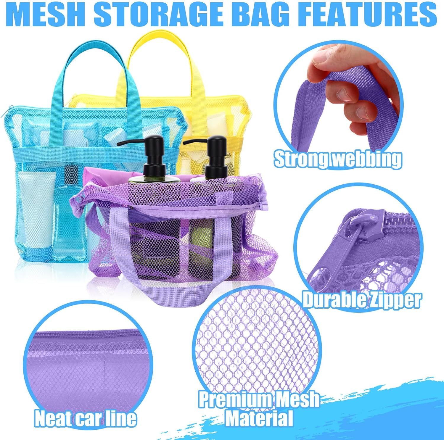 Kinlop 8 Pcs Mesh Shower Caddy Bag Portable Shower Bag with Zipper and 2 Pockets Hanging Toiletry and Bath Organizer for Gym, Swimming, Travel, Camping, College Dorms, Beach Pastel Colors