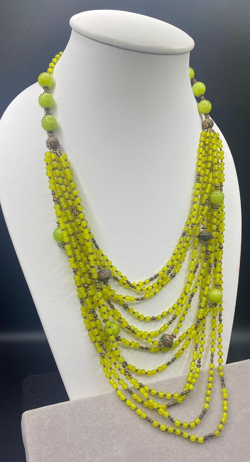 Handcrafted Natural Yellow Agate Multi-Strand Necklace for Women | 23” Layered Beaded Statement Jewelry with Tibetan Nepalese Beads | Boho Tribal Chunky Necklace | Festival Ethnic Jewelry | 140g