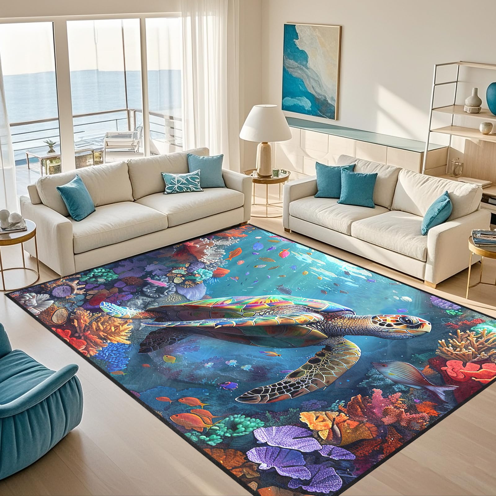 9x12 Feet Sea Turtle Rugs for Bedroom - Sea Turtle Rug Ocean Theme Turtle Carpet for Bedroom Colorful Coral Printted Carpet for Kids Room Underwater Ocean Theme Decor