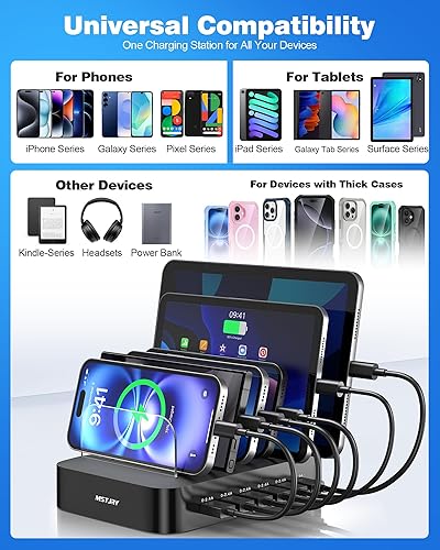Miniatura 6 de MSTJRY Estación de carga para múltiples dispositivos estaciones de carga USB de 6 puertos - Base de carga organizadora familiar para múltiples