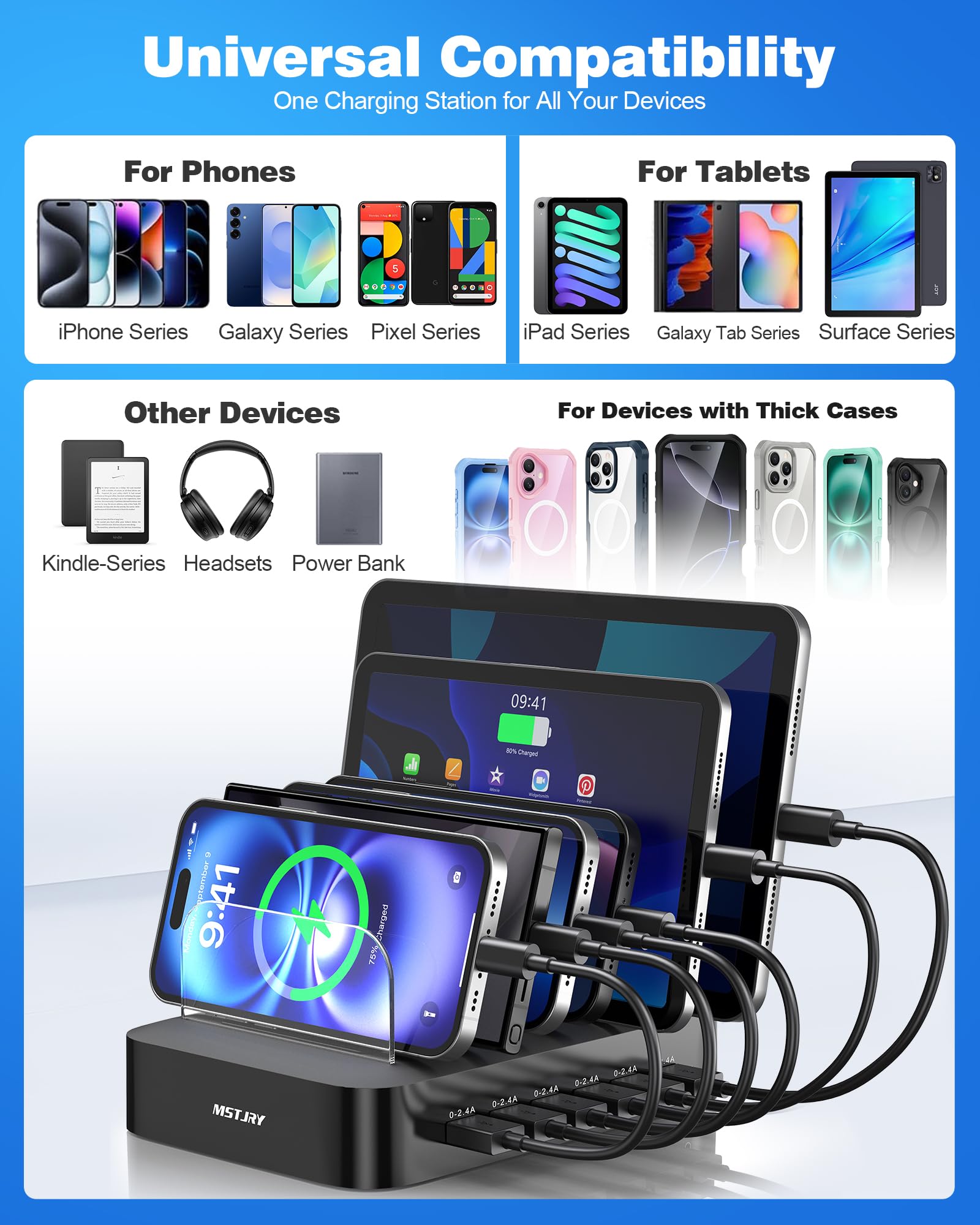 MSTJRY Stazione di ricarica per più dispositivi: Stazione di ricarica USB a 6 porte - Dock di ricarica per organizzare più dispositivi familiari - Progettato per iPhone, iPad, Android, telefoni