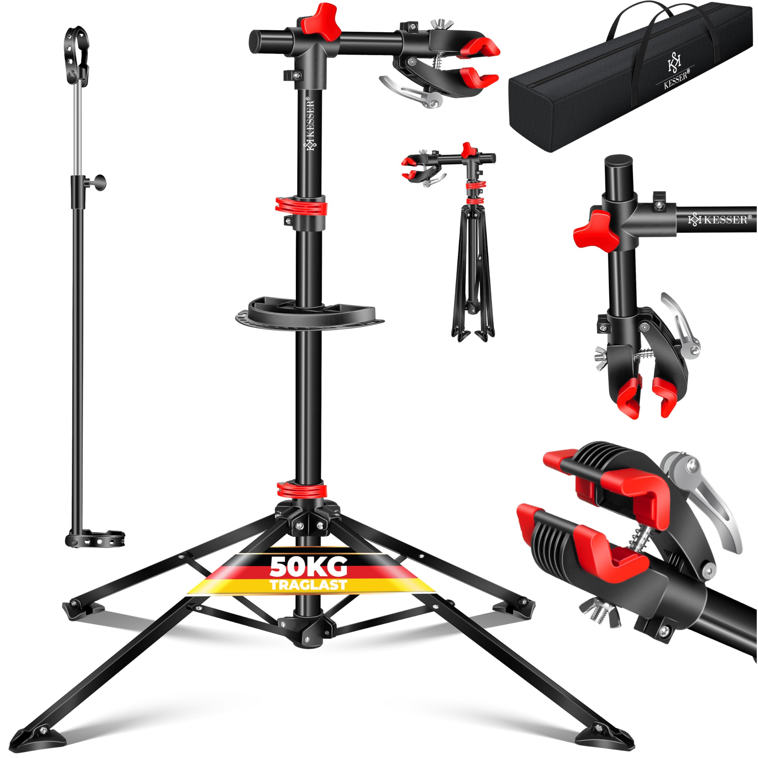 KESSER® Profesjonalny stojak do montażu rowerów, stojak na rower + torba, stojak do naprawy roweru, stojak do naprawy roweru, stojak do montażu w zestawie z miską na narzędzia + przegródka na magnes,