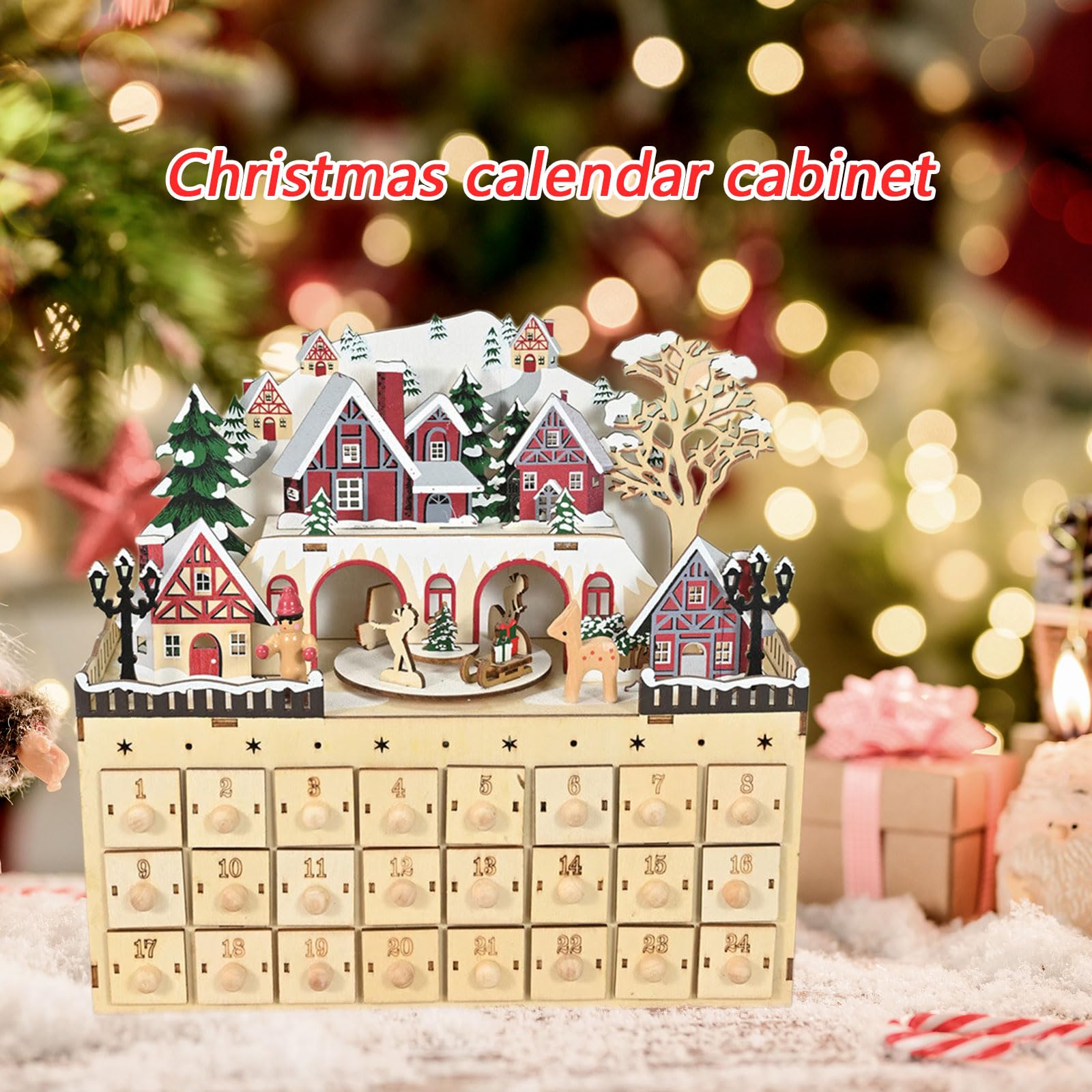 Gabinete de madera natural con calendario de Adviento de Navidad con 24 compartimentos de regalo, decoración de casa de pueblo, adorno de cuenta regresiva con compartimento