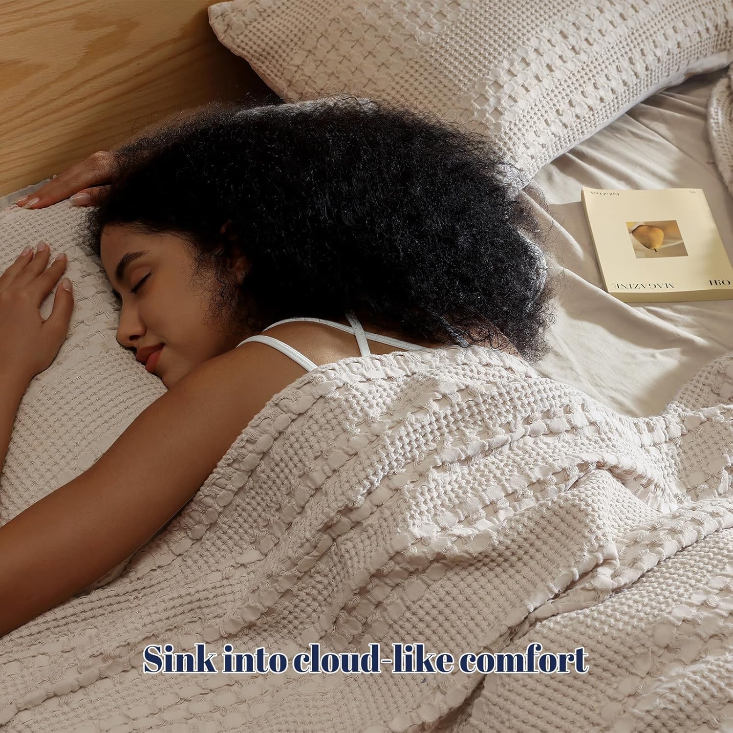 PHF 100% Cotton Ruffle Waffle Pillow Shams King Size, 2 Pack 20" x 36" Soft Skin-Friendly Pillowcases, No Filling, Aesthetic Home Decor, Breathable Waffle Weave Bed Pillow Covers, Oatmeal - Image 2