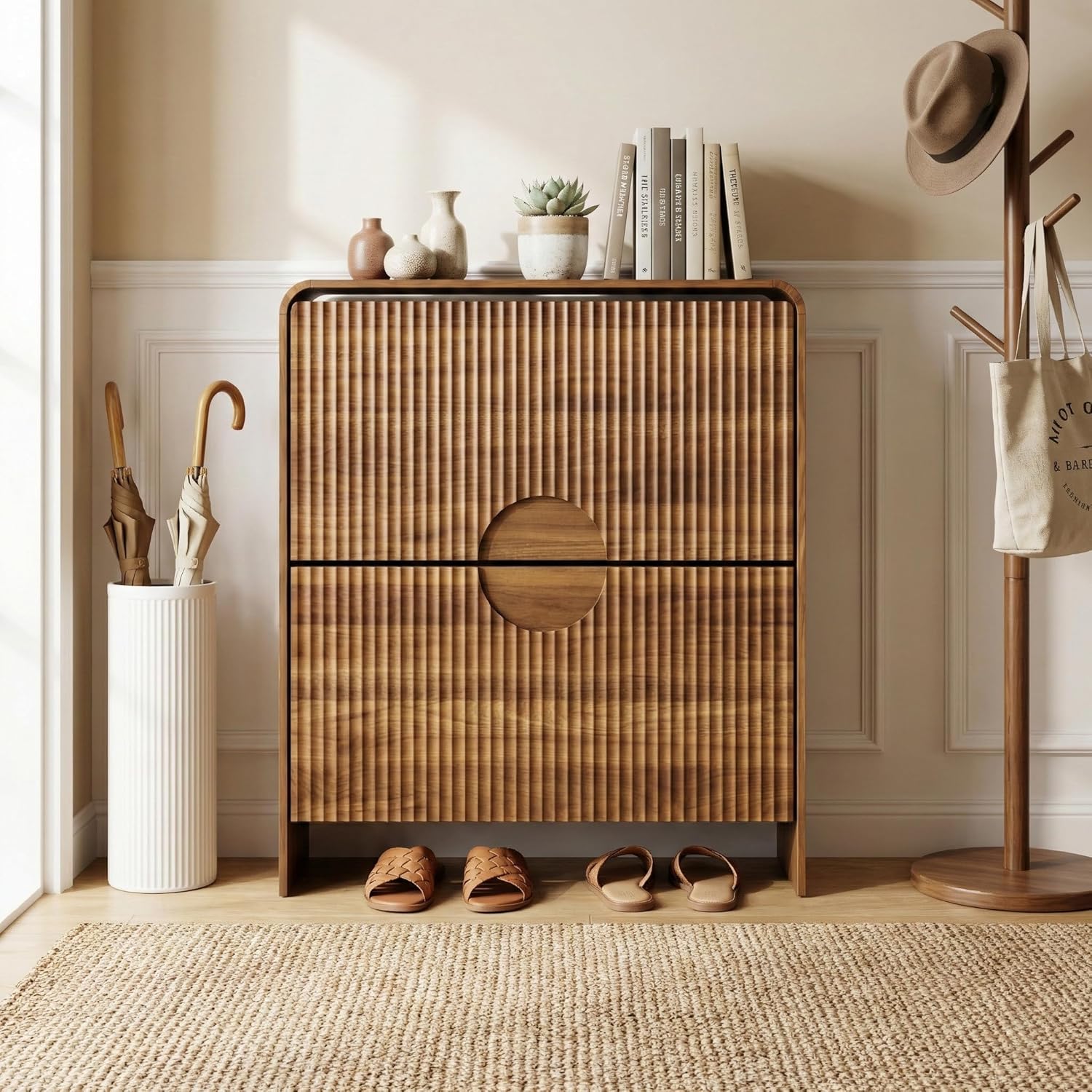 Slim Shoe Storage Cabinet for Entryway, Narrow Shoe Cabinet with 2 Tier Flip Drawers Doors, Fluted Hidden Shoe Rack Organizer for Entrance, Entry Way, Foyer, Hallway, Walnut, Wooden