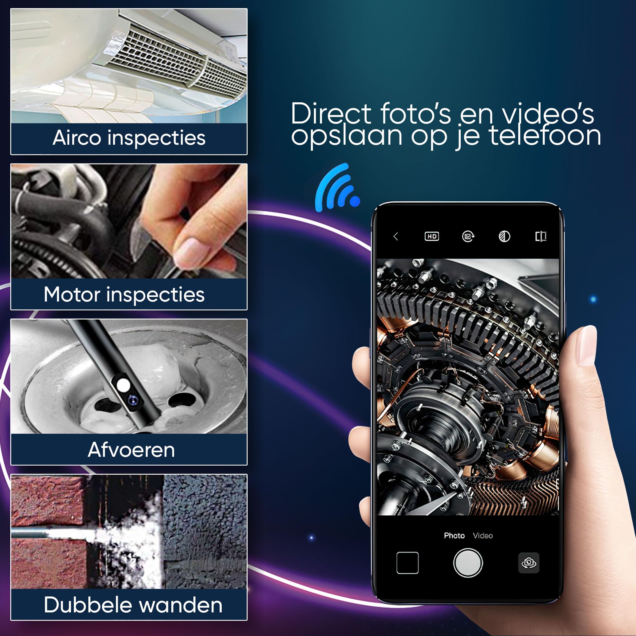 AURTEC Double Lens Borescope Inspection Camera, LED Lighting, HD Lens, IP68 Waterproof, 16.5 FT/5 m Cable, Compatible with Android and iOS Devices