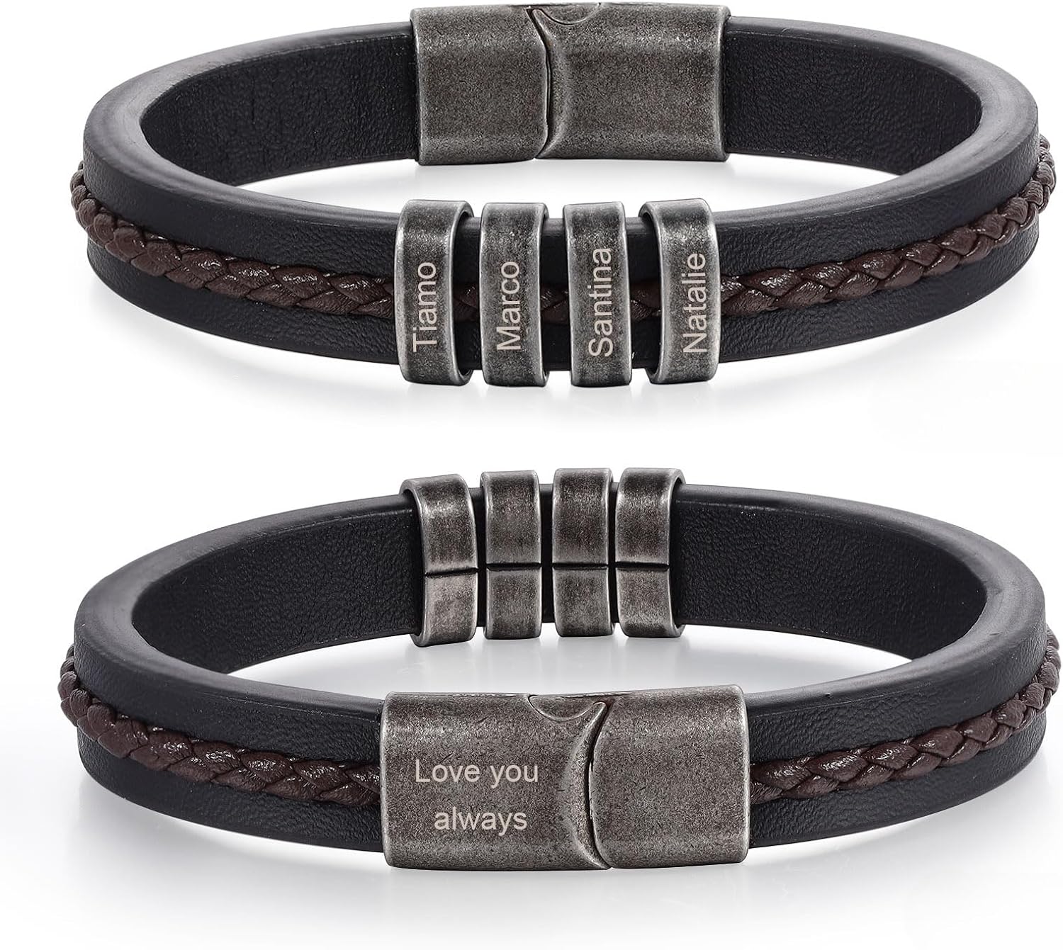 kaululu Gifts for Dad Father's Day Personalized Braided Leather Bracelet with Name Beads Custom Initial Bangle for Men Husband Grandpa