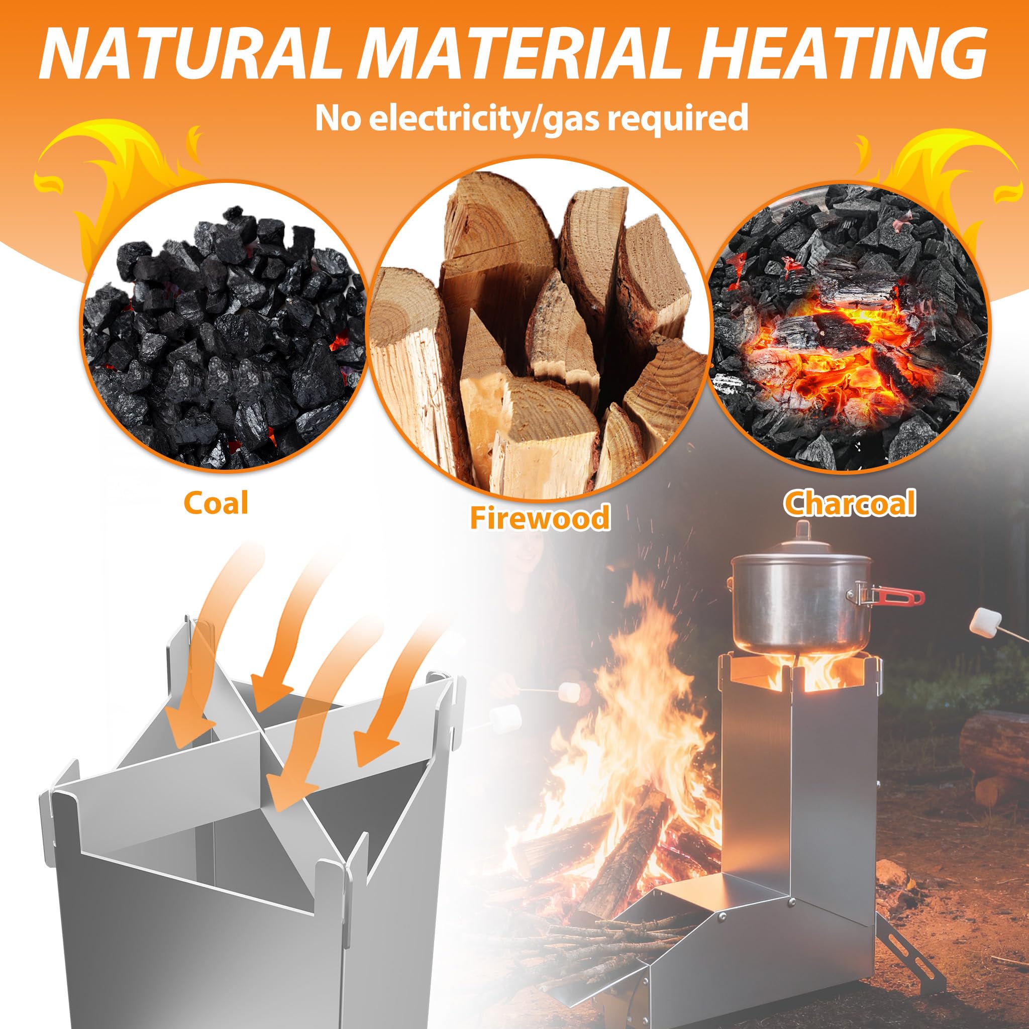 UISEBRT Poêle à fusée en acier épais, système d'emboîtement portable Rocket Stove, poêle à bois, réchaud de camping, poêle à granulés, pour l'extérieur, pour barbecue, terrasse, randonnée, cuisine