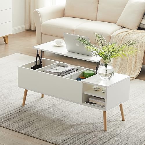 Henf Mesa de centro elevable con compartimento oculto y estante de almacenamiento, moderna mesa auxiliar de madera con patas de madera maciza para