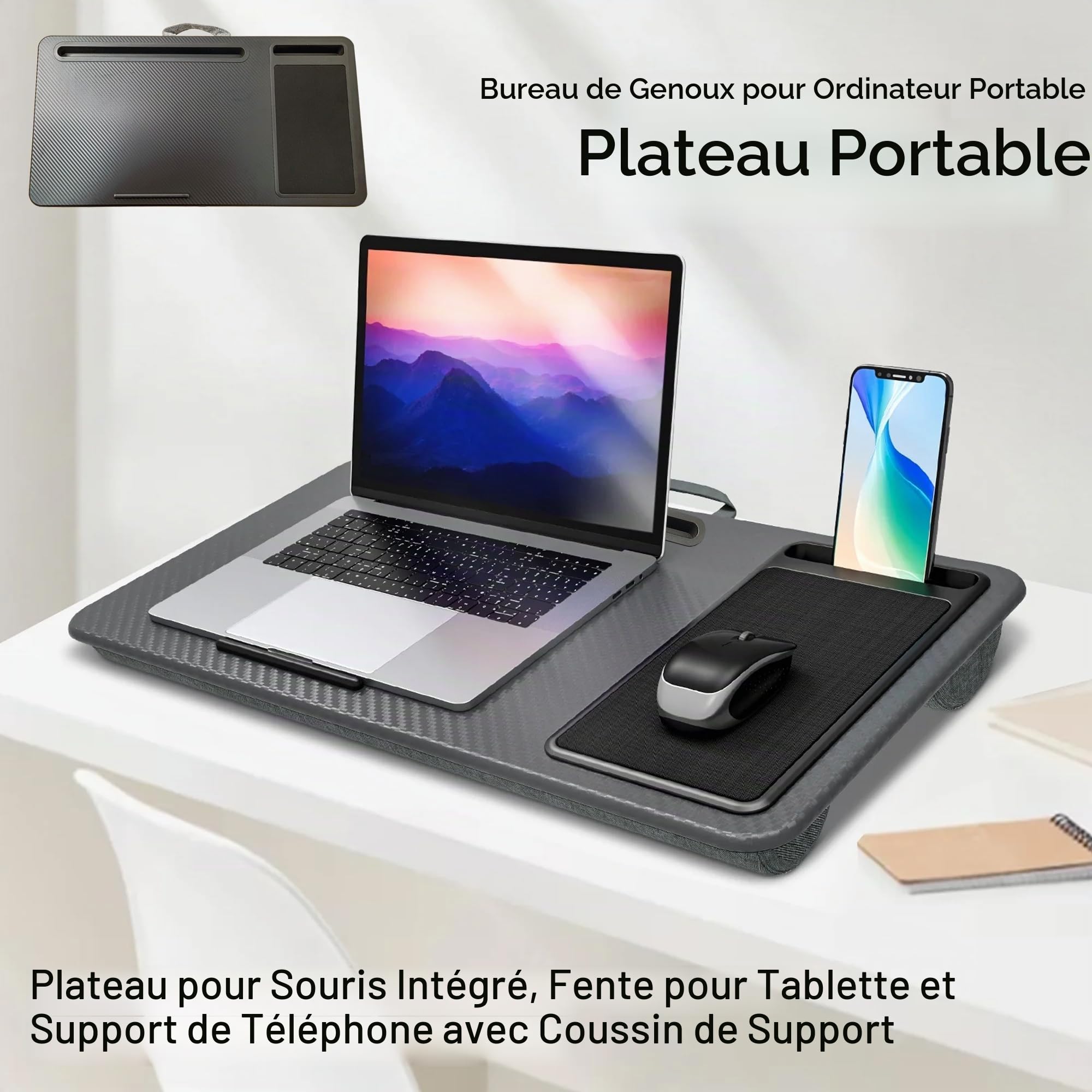 Plateau rembourré pour ordinateur portable avec coussin - Plateau rembourré pour ordinateur portable - Tapis de souris intégré et support pour téléphone portable - Léger - Pour canapé, lit, tablette