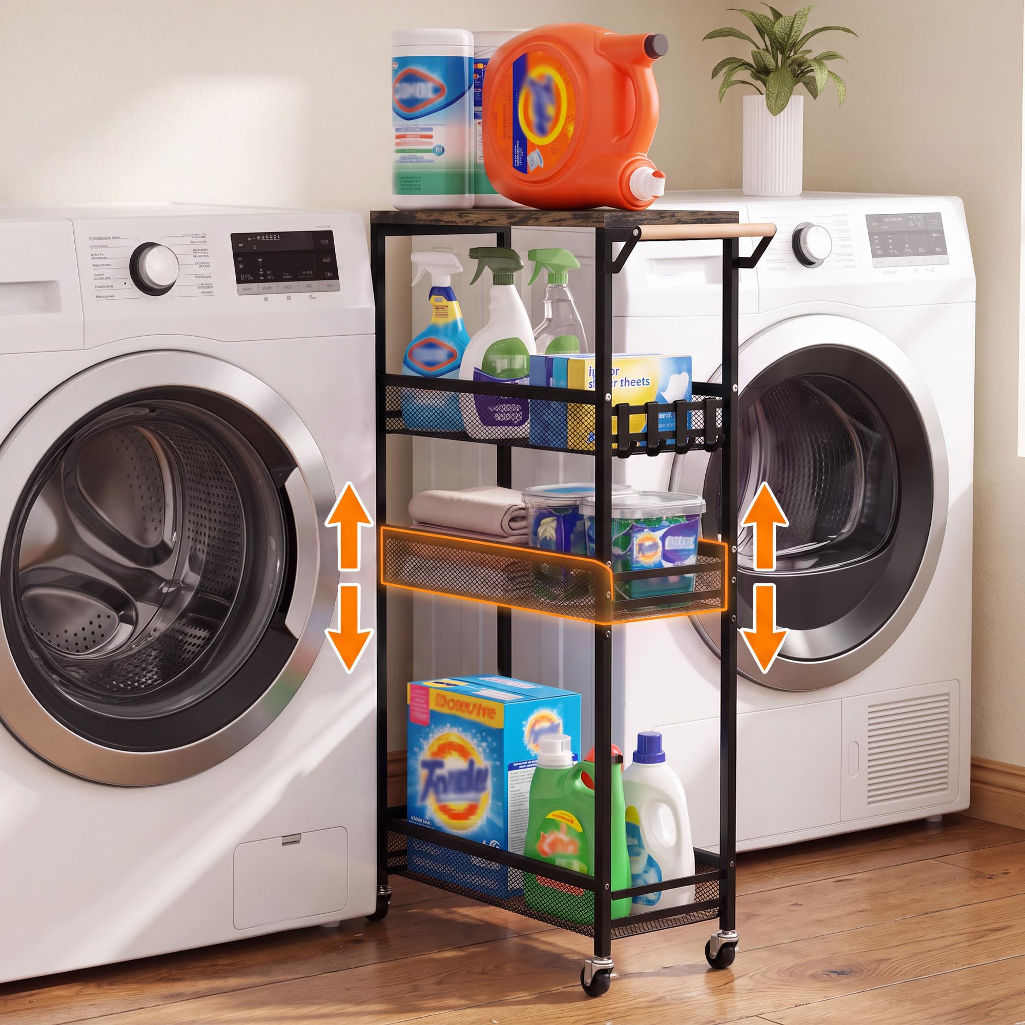 Carrello portaoggetti sottile con ripiano regolabile, 4 ripiani, largo 18 cm, con piano in legno, piccolo scaffale mobile in metallo, organizer per lavanderia, bagno, cucina