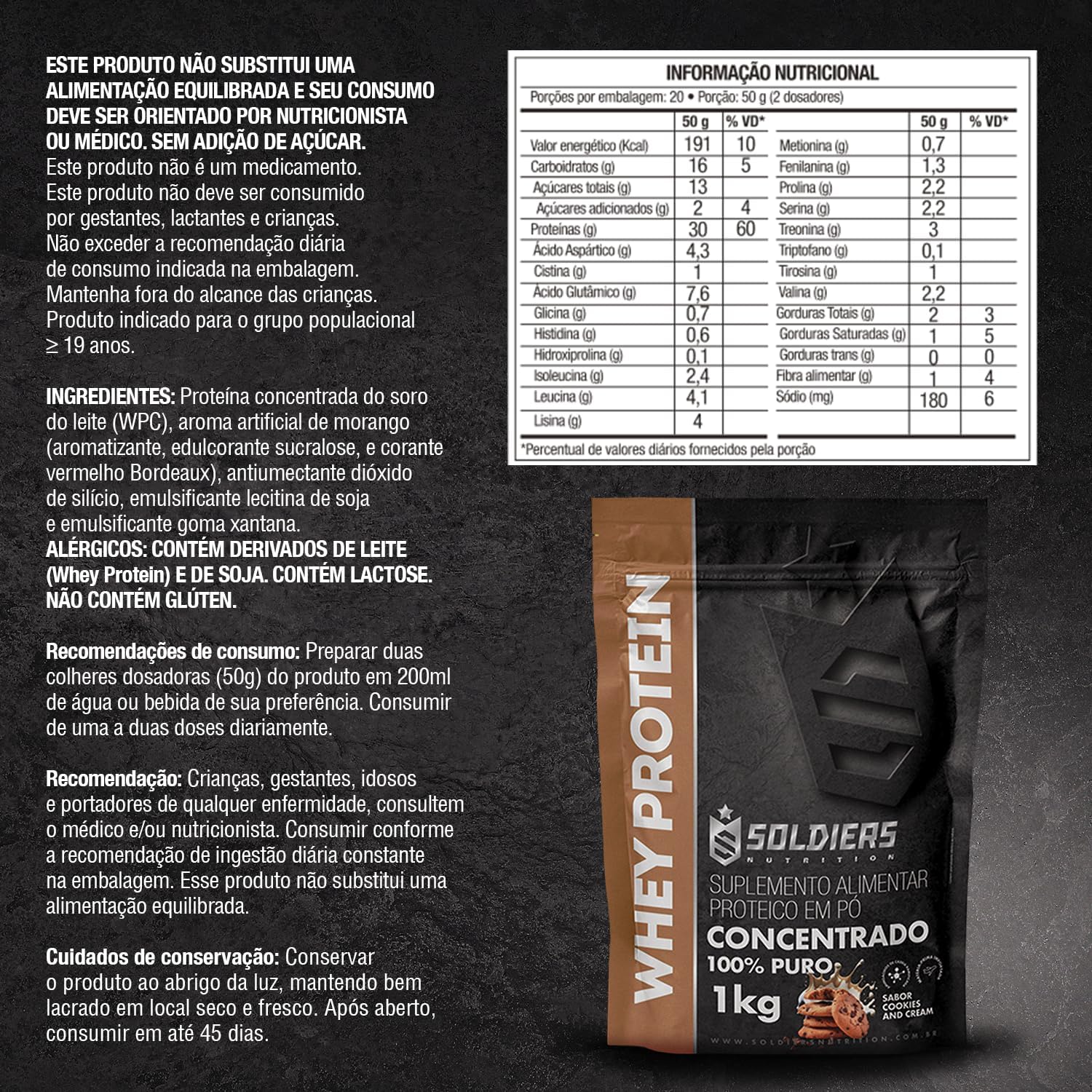 Whey Protein Concentrado 1kg - Cookies - 100% Importado - Soldiers Nutrition