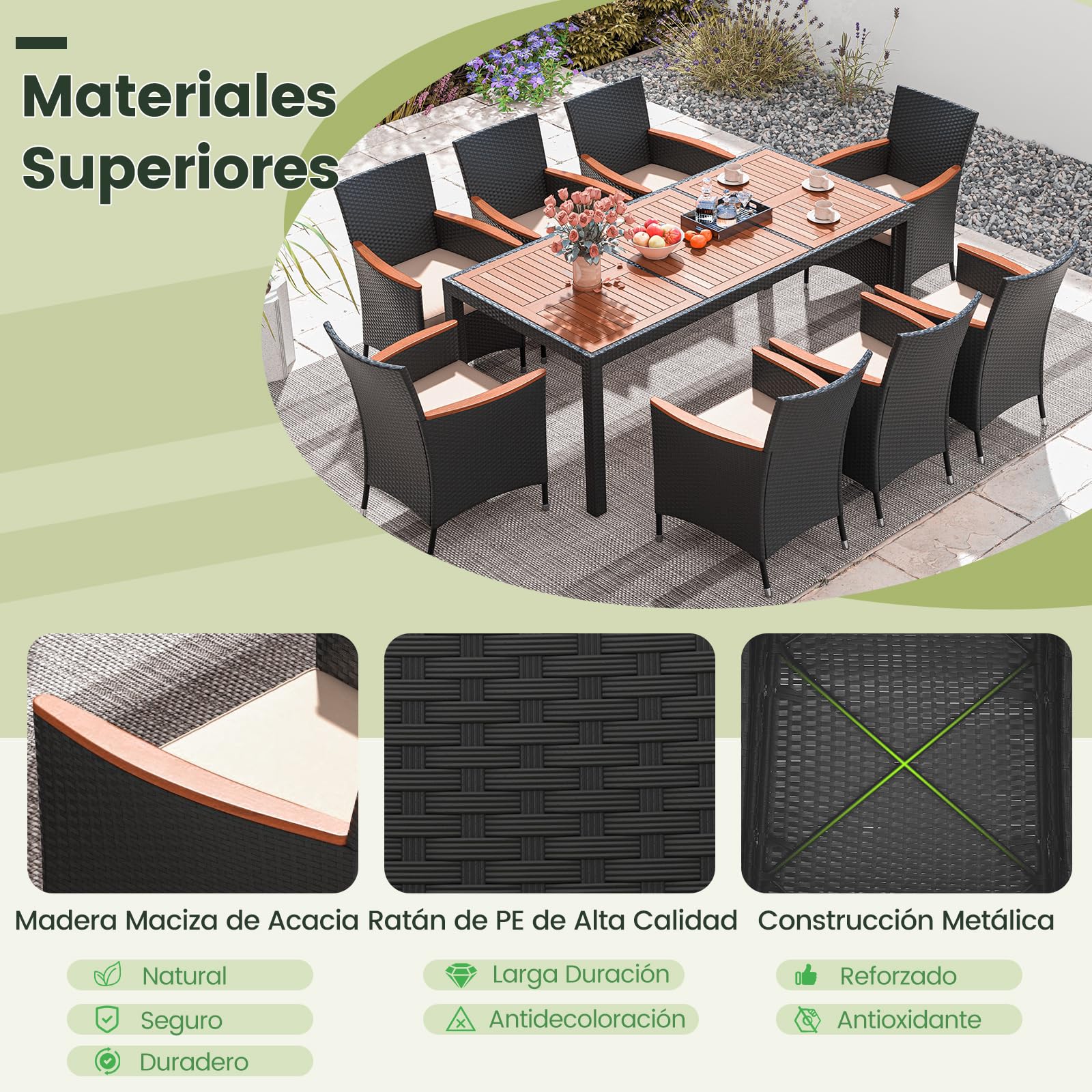 COSTWAY Conjunto Jardin Exterior 9 Piezas, Muebles Jardin Exterior de Acacia y Ratán, Mesa Rectangular y 8 Sillas Jardin con Cojines Extraíbles, Comedores Patio, Jardín y Piscina (Beige, 9)