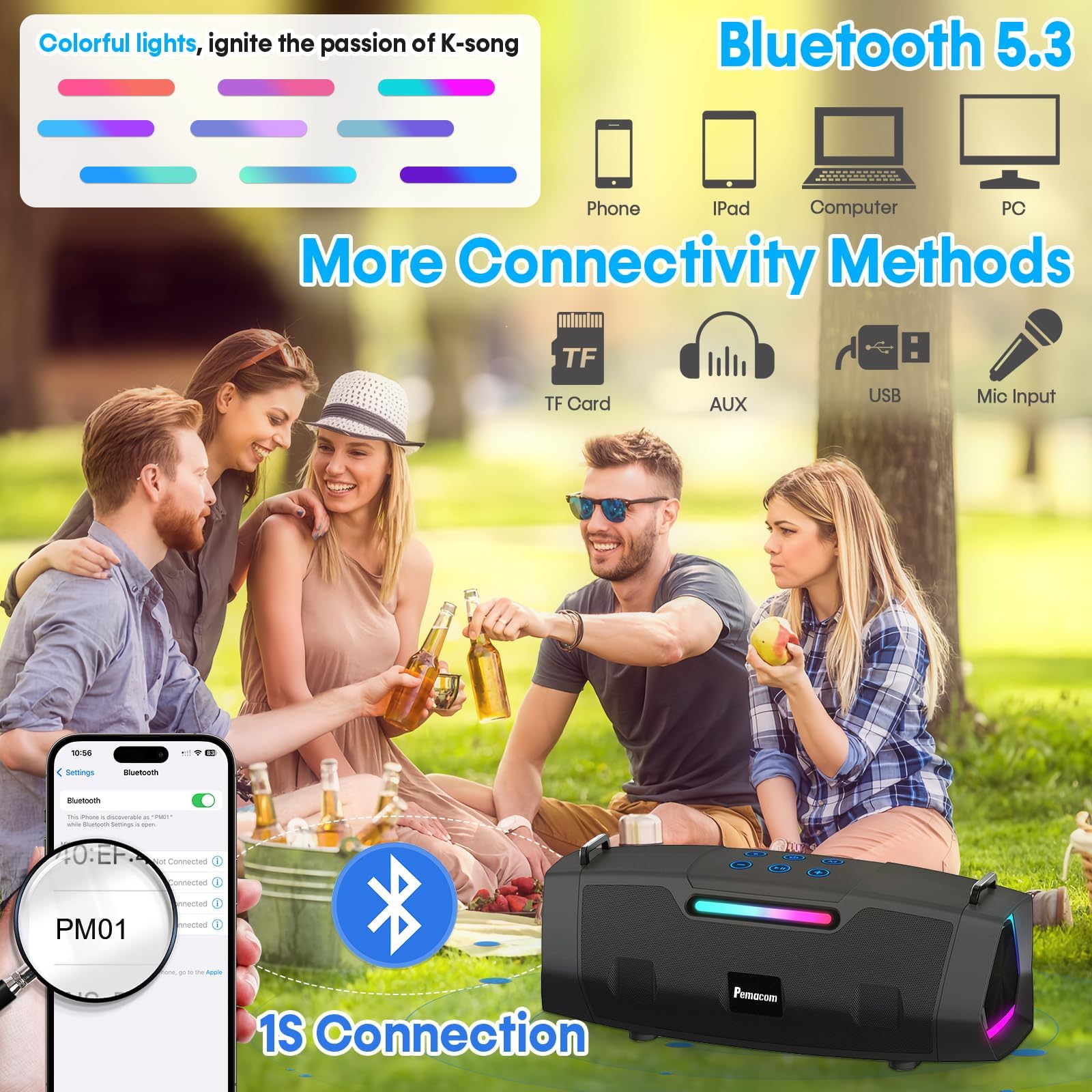Macchina per karaoke portatile per adulti, ventilatore per karaoke: altoparlante Bluetooth da 40 W con 2 microfoni senza fili, per esterni, casa, festival, viaggi, feste, bambini, adolescenti,