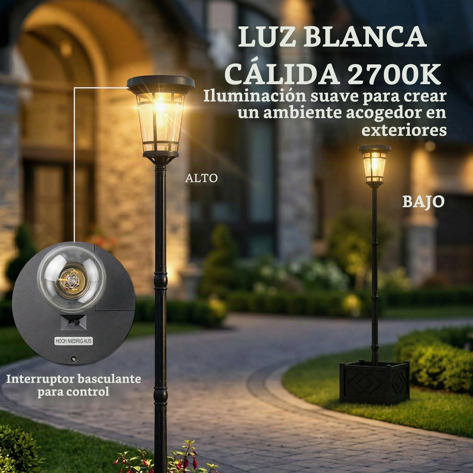 Outsunny Farol solar de pie con maceta, 195 cm, farolillo exterior de jardín con 2 niveles de brillo, interruptor de sensor de luz, IP44, lámparas solares, farolillos solares para jardín, balcón
