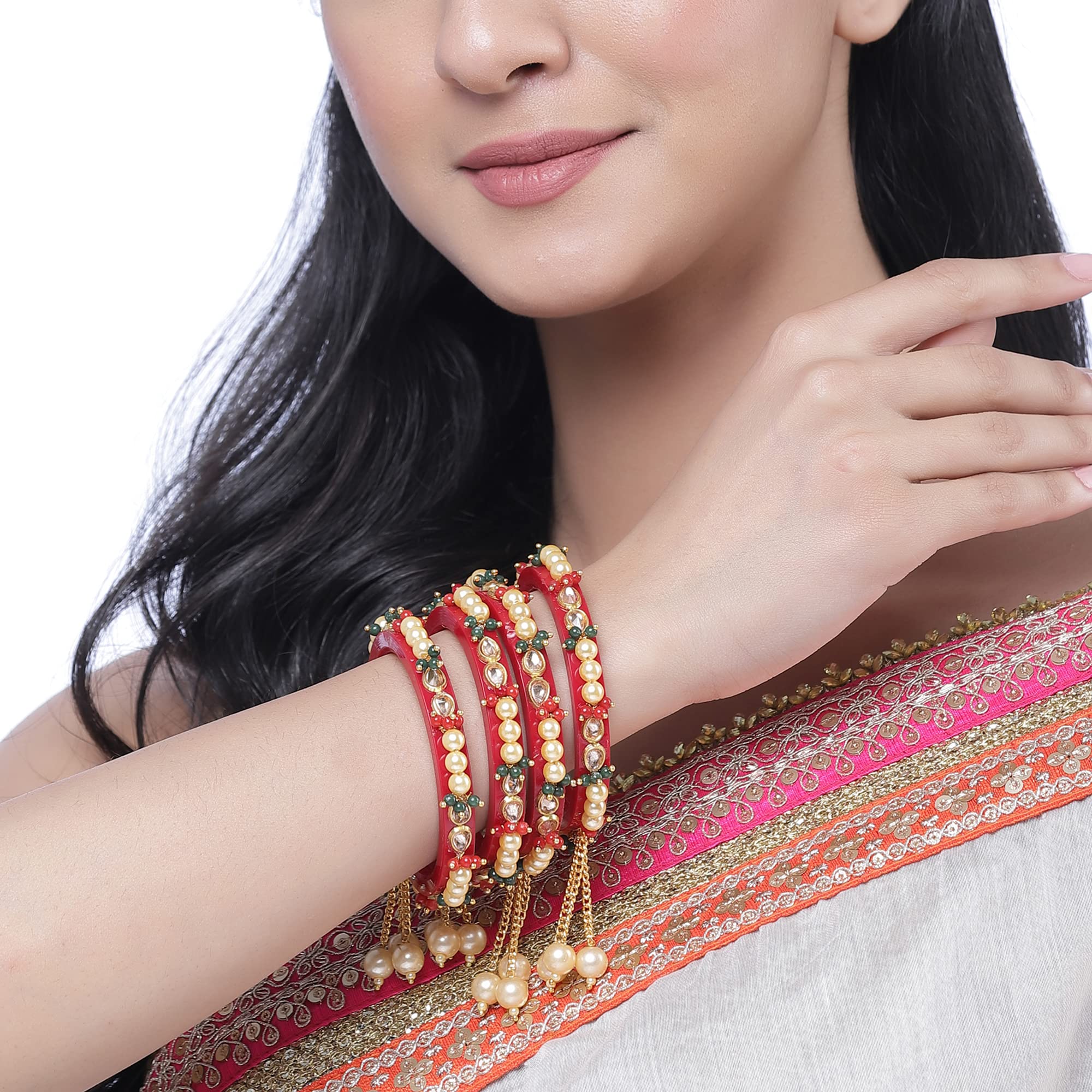 Gold-Plated Green Flower Engraved Bangles Set, Handcrafted Jewellery (Set Of 2)