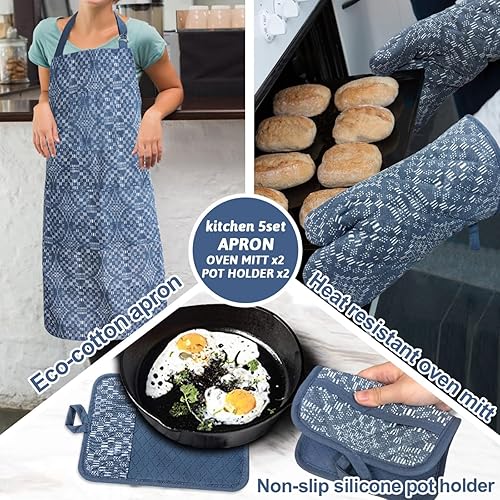 Miniatura 24 de Juego de 5 manoplas para horno y agarraderas con delantal de cocina, guantes de cocina resistentes al calor y agarraderas antideslizantes de